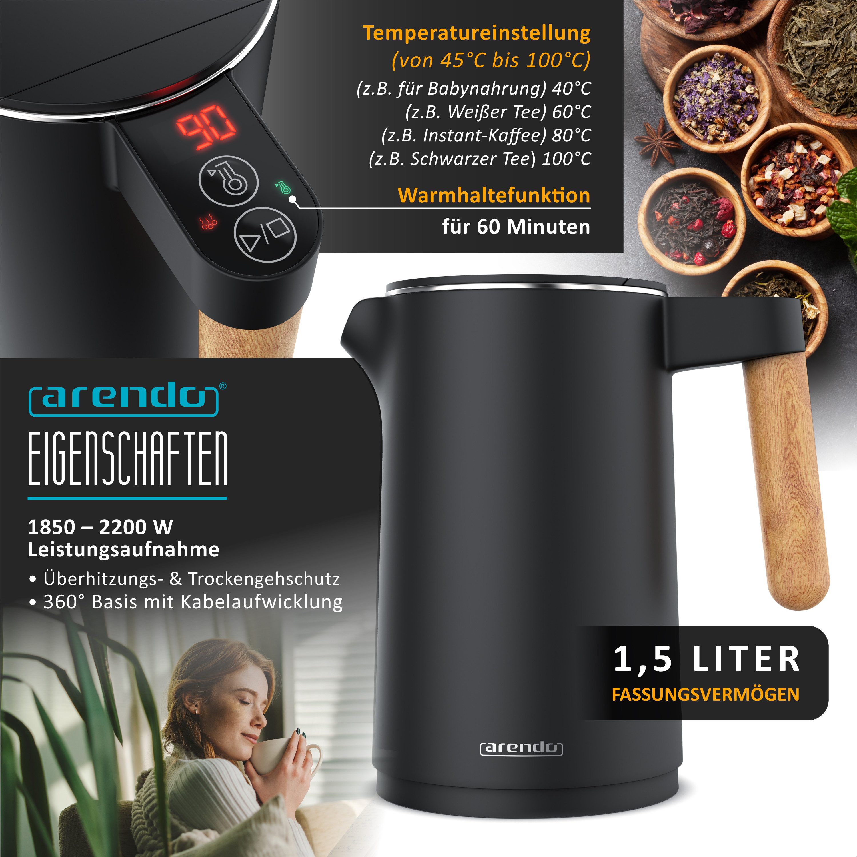 Arendo Frühstücks-Set Edelstahl Wasserkocher 1,5l, 4-Scheiben Langschlitz Toaster, Cool Grey (2-tlg), Wasserkocher mit Temperatureinstellung, Toaster Brötchenaufsatz, Touch