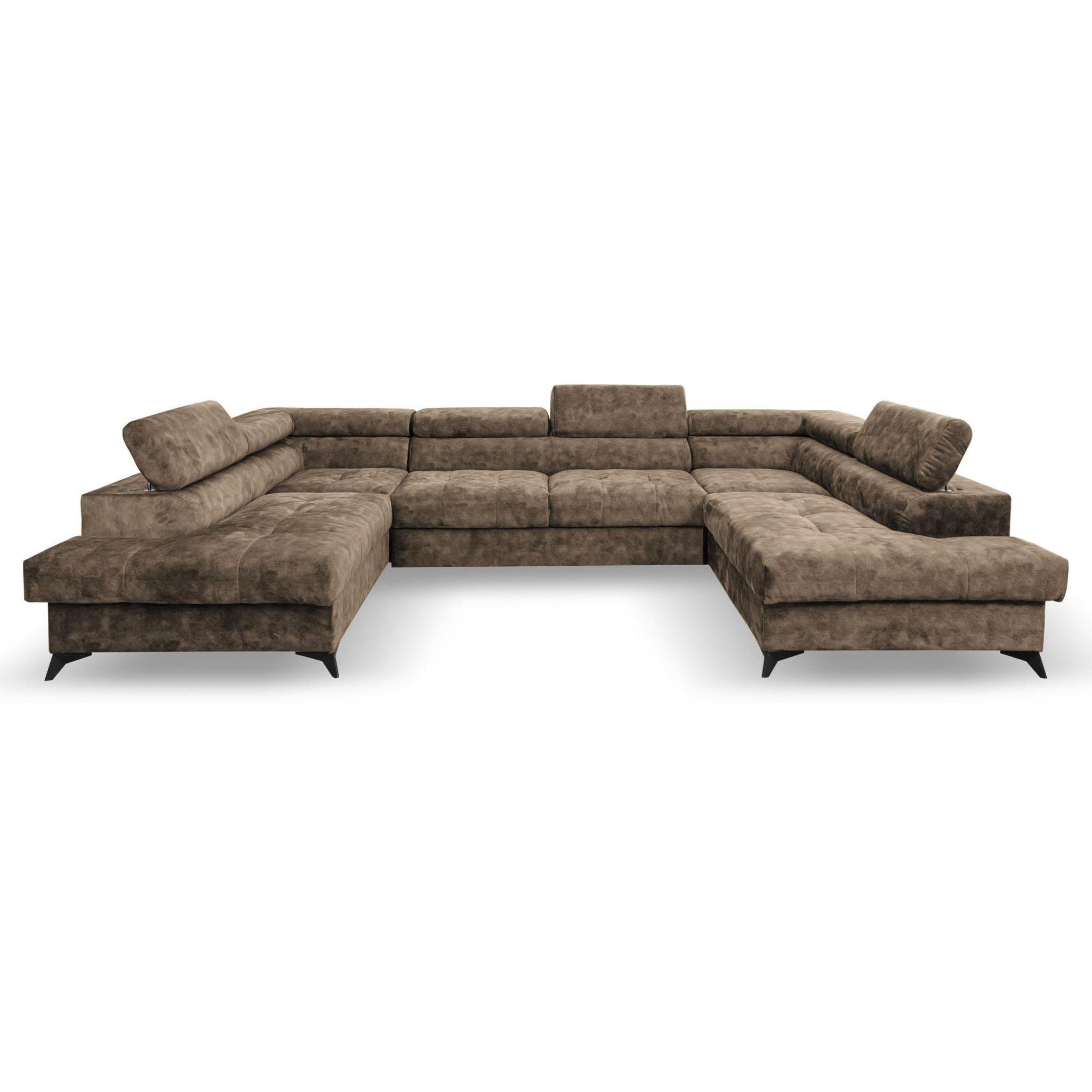 Sorento verstellbare mit Kopfstützen, Schlafecke, Eckcouch Schlaffunktion, Beautysofa große U, Bettkasten, Eckcouch XXL mit 03) Metallbeine Cappucino (sally Metallbeine, mit große Ecksofa