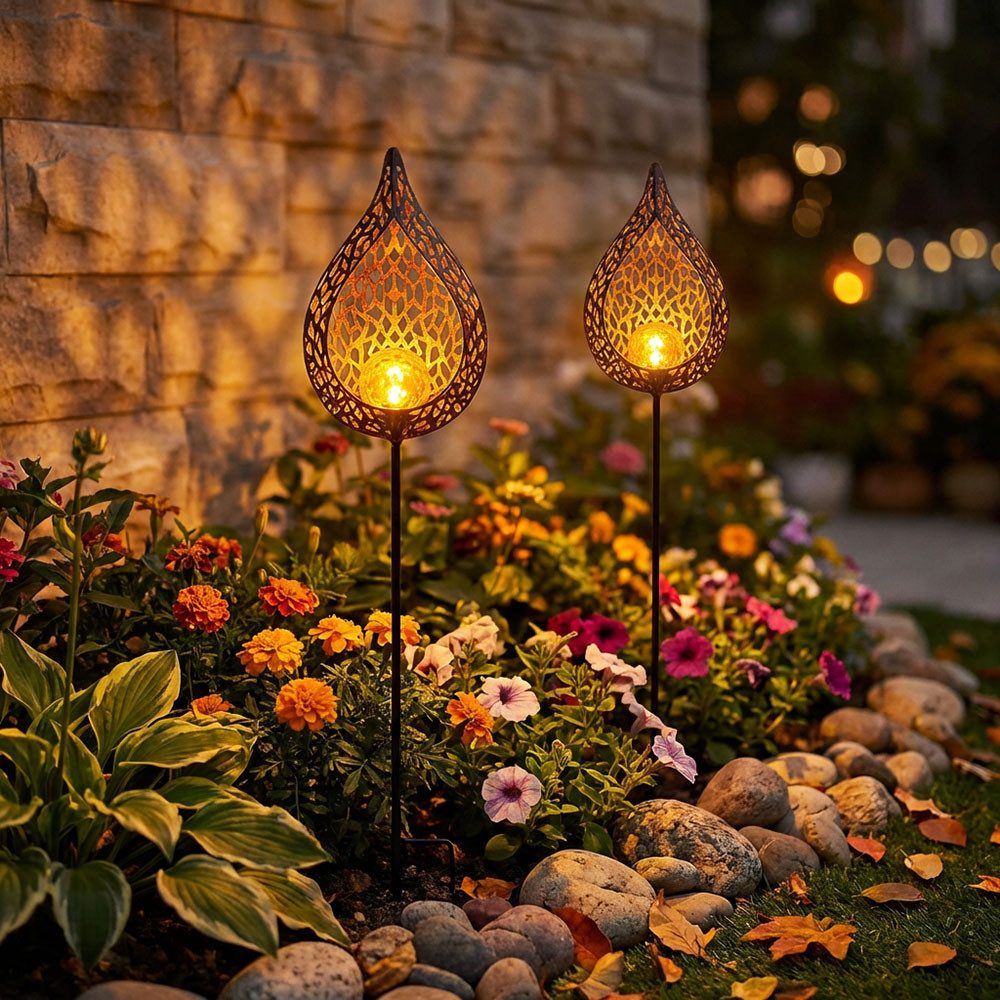 etc-shop LED Solarleuchte, LED-Leuchtmittel fest verbaut, Warmweiß, 2er Set LED Solar Außen Lampe Flammen Optik Glas Kugel Steck Strahler