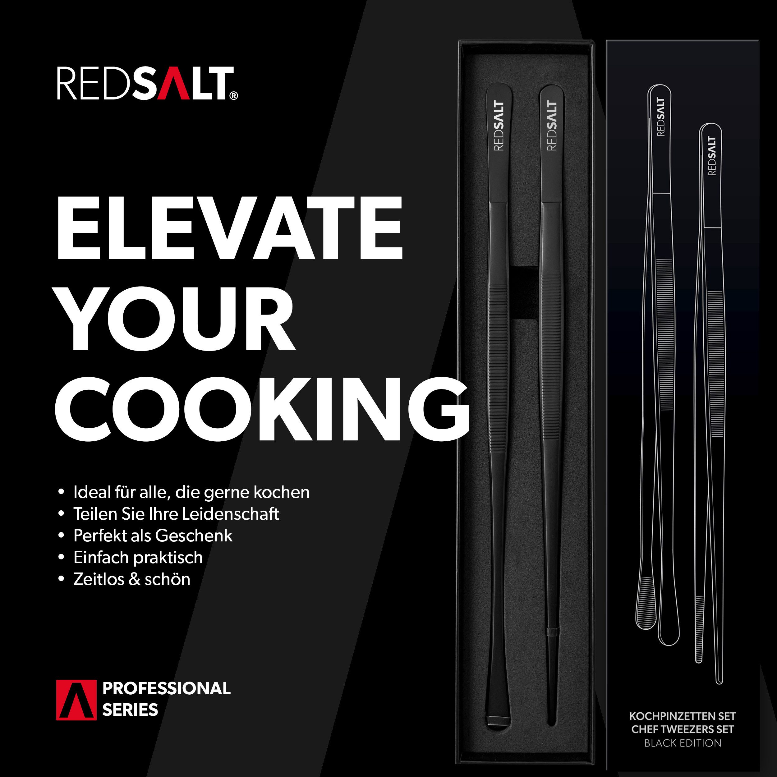 REDSALT® Kochpinzette Black Edition 2er Set Fein & Breit PVD-Plasmabeschichtung, INOX 18/10 Edelstahl Goldstandard 1.4301 – Bild 5 von 5