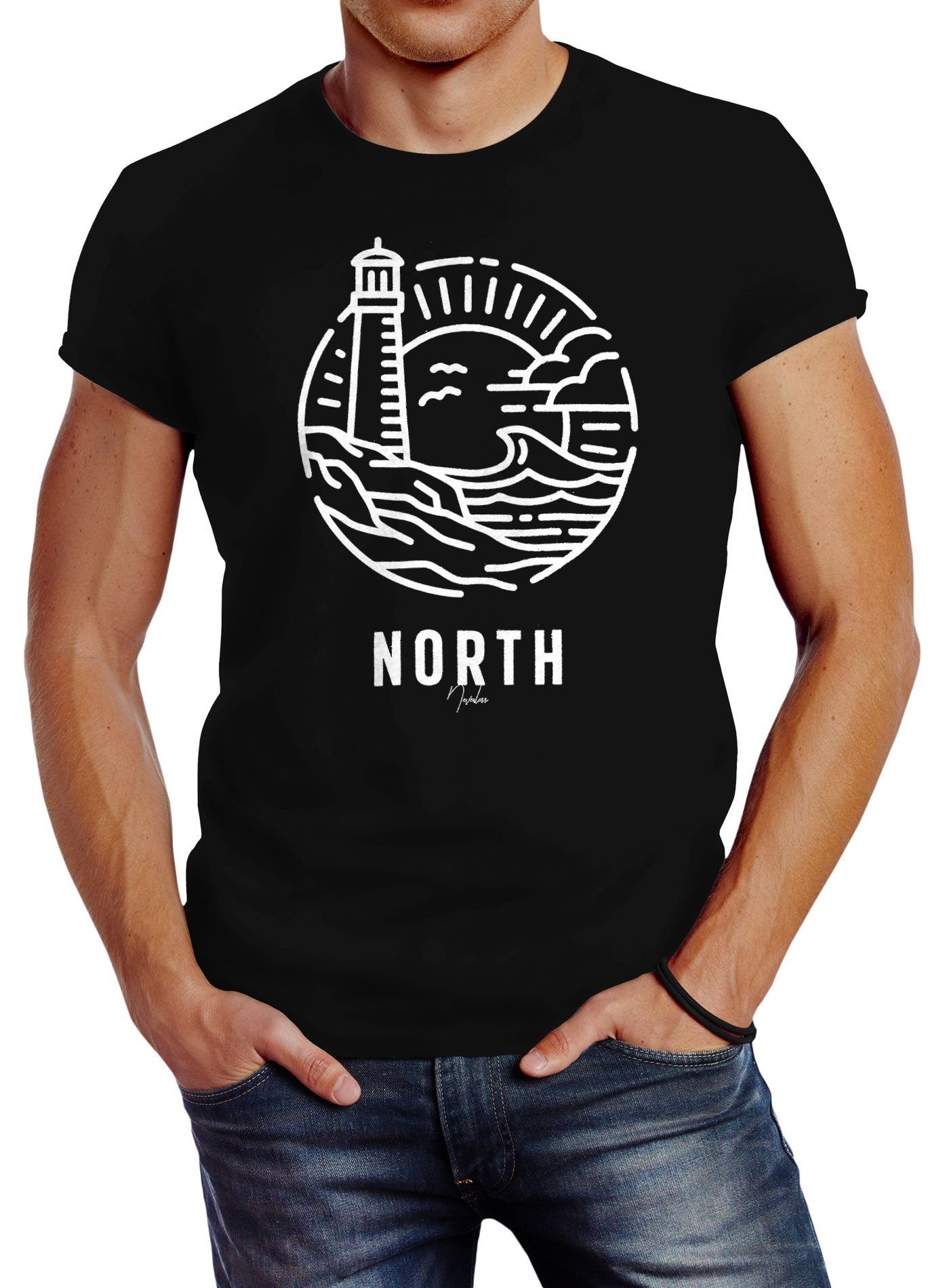 Neverless Print-Shirt Herren T-Shirt Logo Outline Art maritim Leuchtturm Welle Aufdruck North Slim Fit Neverless® mit Print schwarz