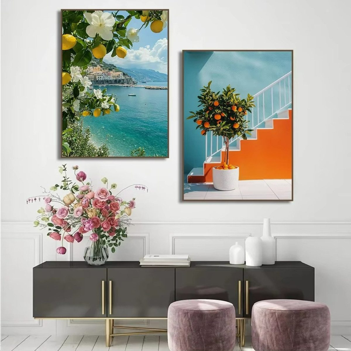 TPFLiving Kunstdruck (OHNE RAHMEN) Poster - Leinwand - Wandbild, Italienisches Zitronen- und Orangen-Olivenbaum-Leinwandgemälde (Leinwandbild XXL), Farben: Gelb, Weiß, Blau, Grün, Braun - Größe: 20x30cm