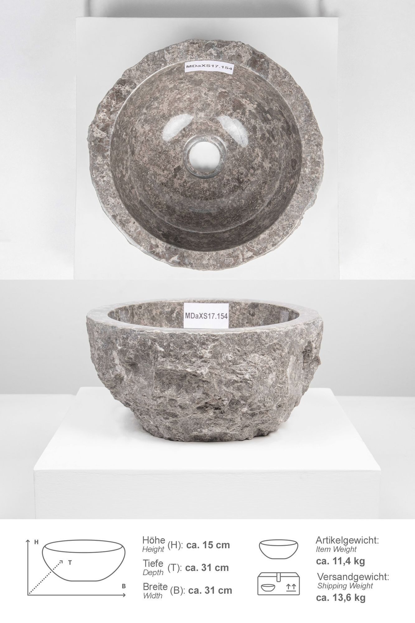 wohnfreuden Aufsatzwaschbecken Erosi Marmor Waschbecken 30 cm grau (Kein Set), 39334_MDaXS17.154