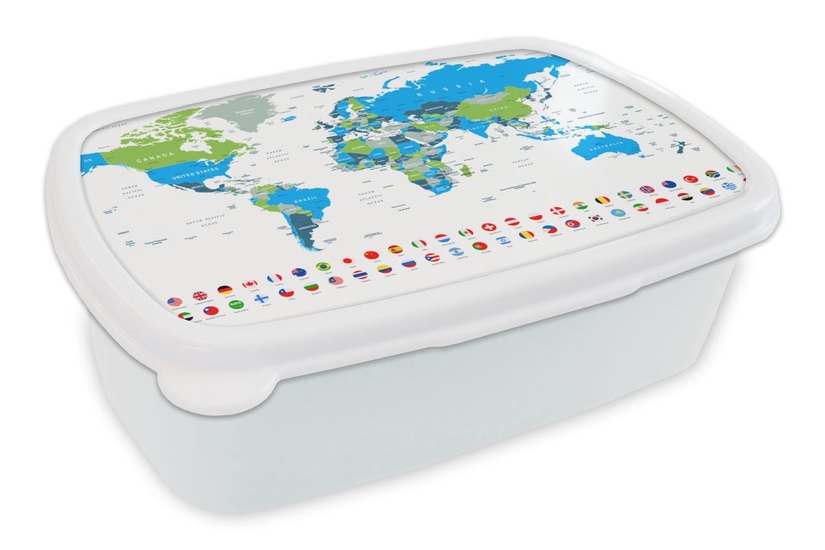 MuchoWow Lunchbox Weltkarte - Flagge - Blau - Grün, Kunststoff, (2-tlg), Brotbox für Kinder und Erwachsene, Brotdose, für Jungs und Mädchen weiß