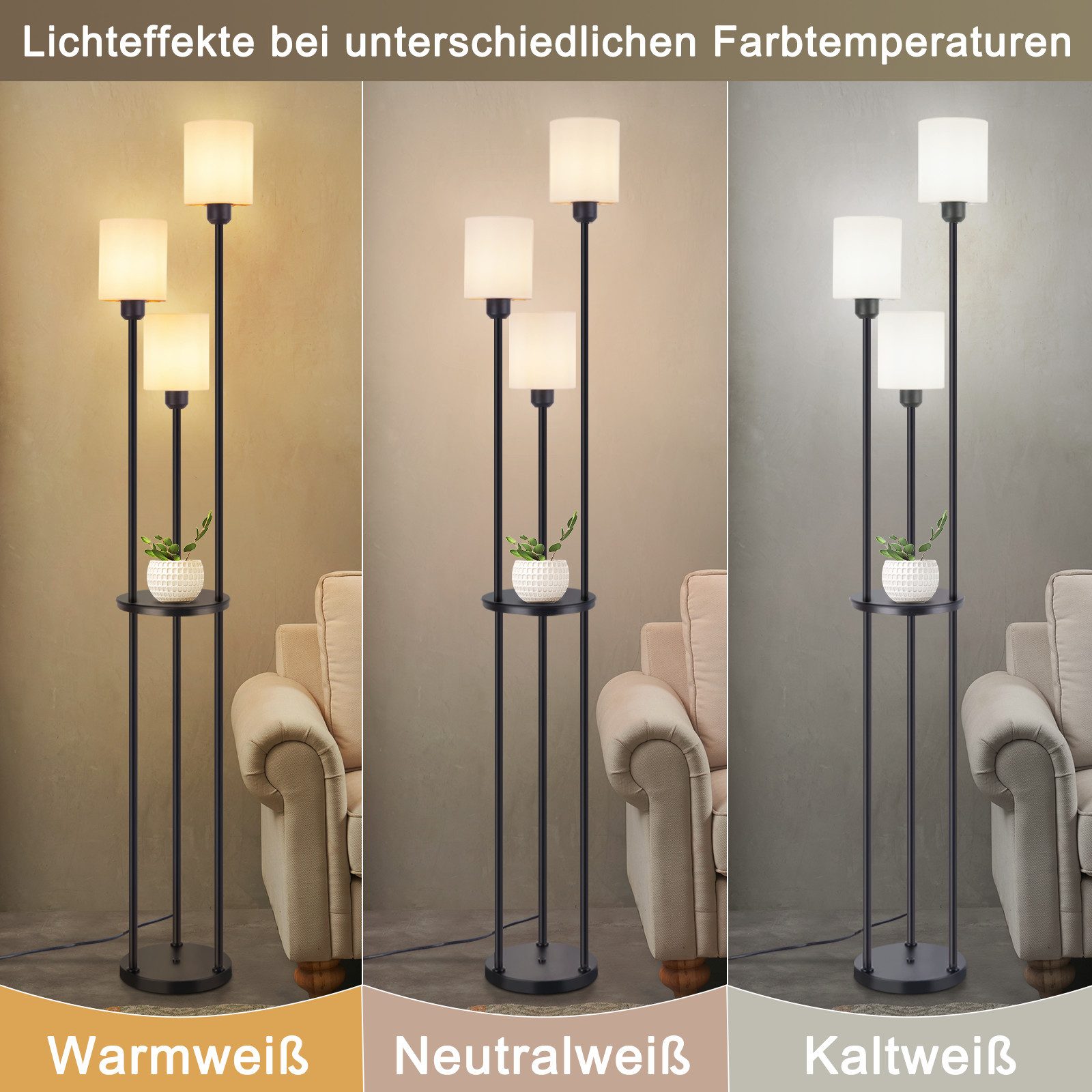 ZMH Stehlampe Wohnzimmer Weiß 3 Flammig E27 Stehleuchte mit Regal für Sofa günstig online kaufen
