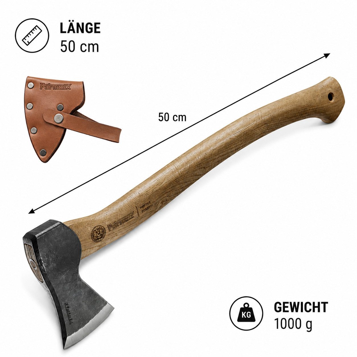 Petromax Beil Forstbeil - Handgeschmiedete Qualität präzise Holzarbeiten, 1000 g, 50 cm Länge, (inkl. Lederscheide, inkl. Lederscheide), Hergestellt in Deutschland, Handgeschmiedet
