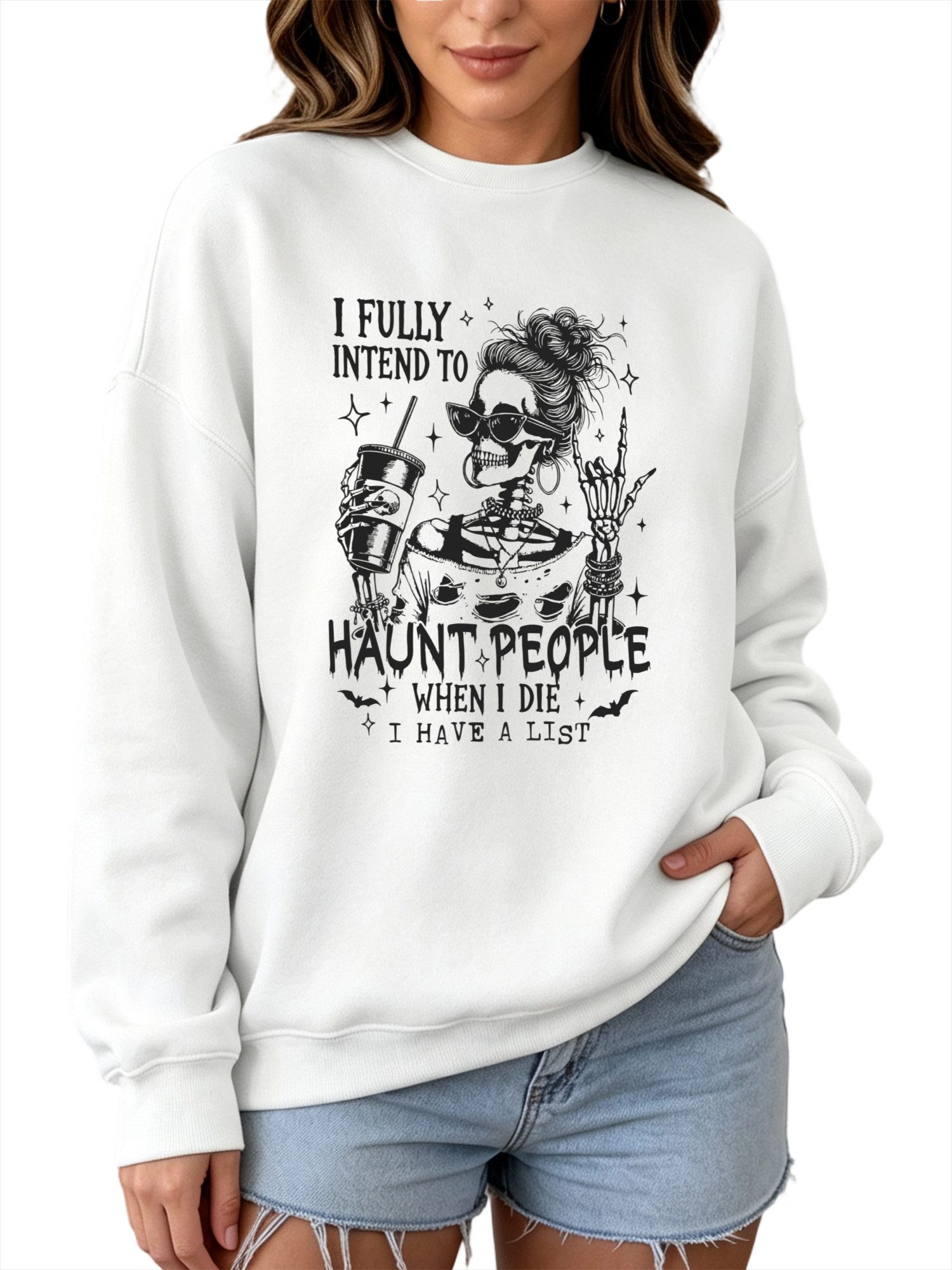 PYLIKE Fleecepullover Damen Rundhals Sweatshirt mit Print, Lockerer Langarm Fleecepullover Bequem für Herbst & Winter