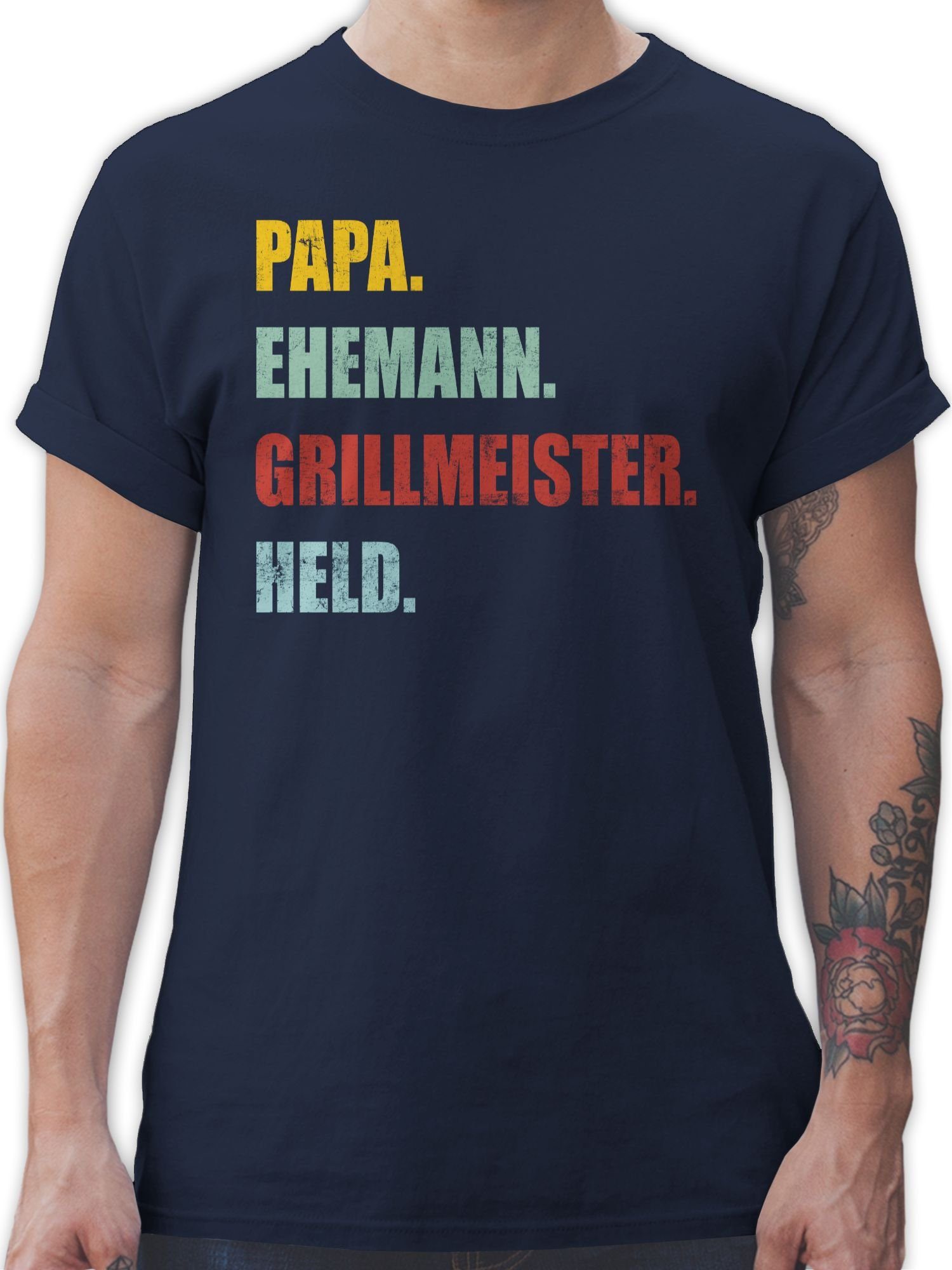 Shirtracer T-Shirt Ehemann für Papa Blau Held Navy Retro Papa Grillmeister 1 Geschenk Vatertag Vintage Effekt