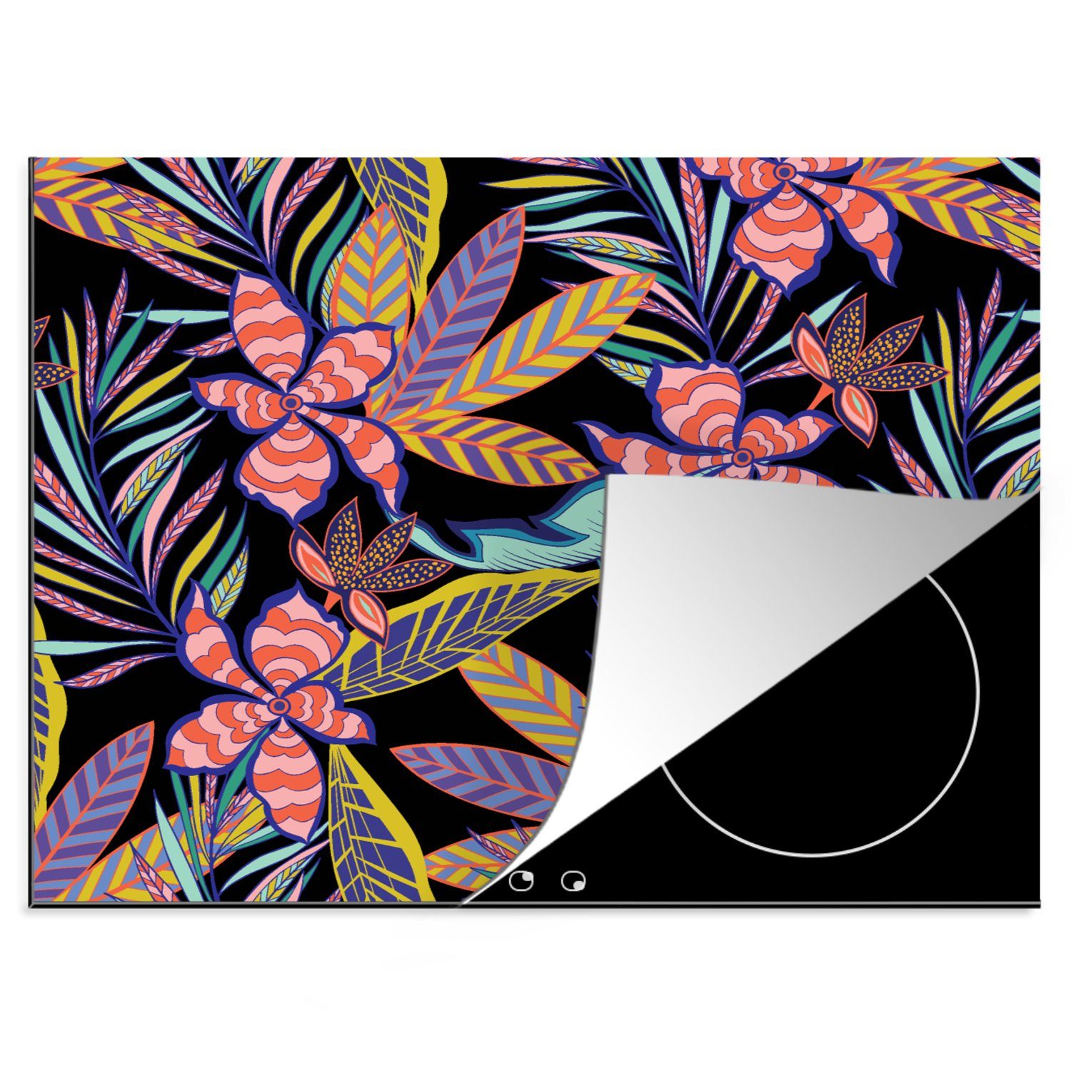 MuchoWow Herdblende-/Abdeckplatte Hawaii - Regenbogen - Blumen - Blätter - Psychedelisch, Vinyl, (1 tlg), 60x52 cm, Mobile Arbeitsfläche nutzbar, Ceranfeldabdeckung
