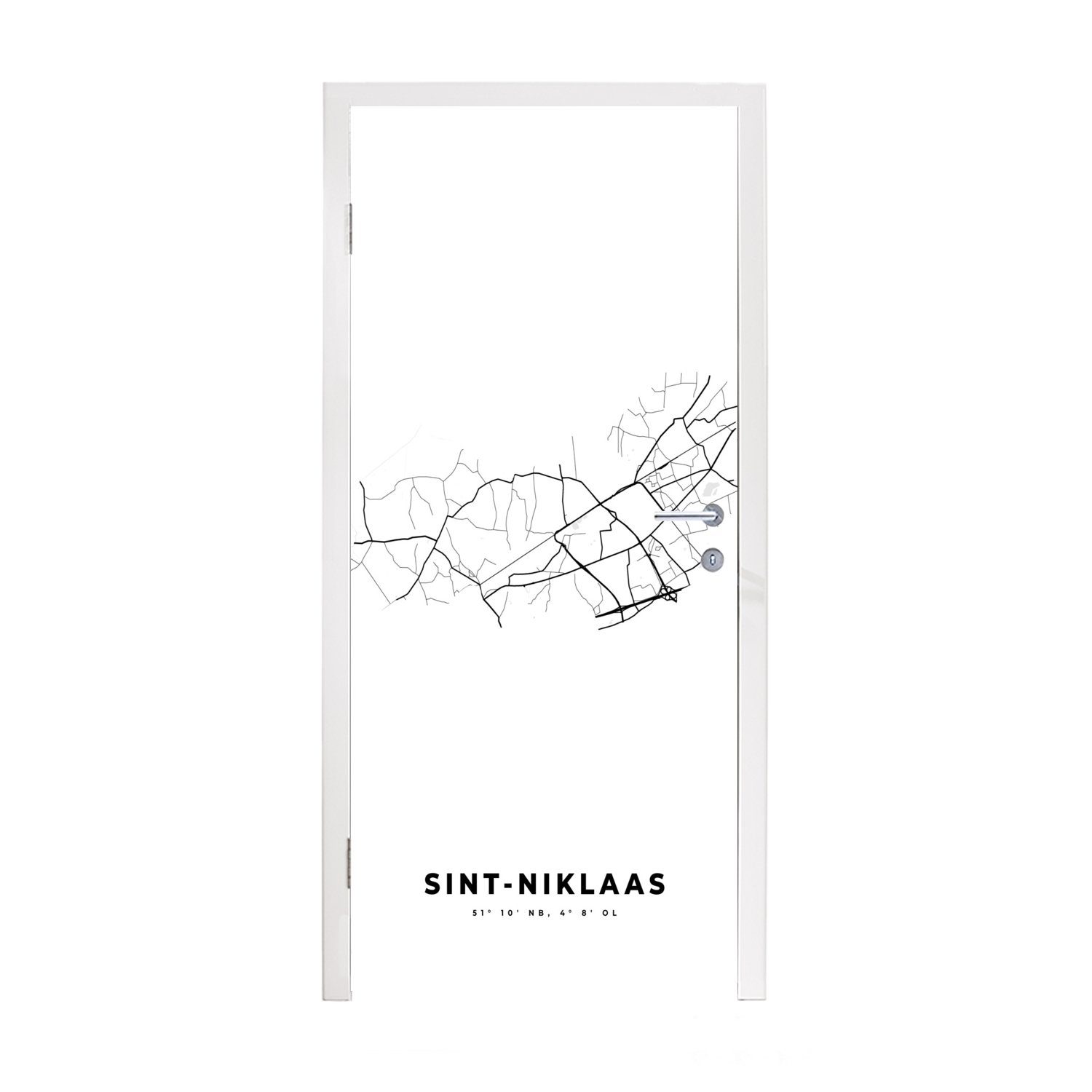 Belgien Türaufkleber, MuchoWow Niklaas Tür, Sint Stadtplan St), bedruckt, (1 für - cm Schwarz - Türtapete - weiß, - Fototapete Karte Matt, und 75x205