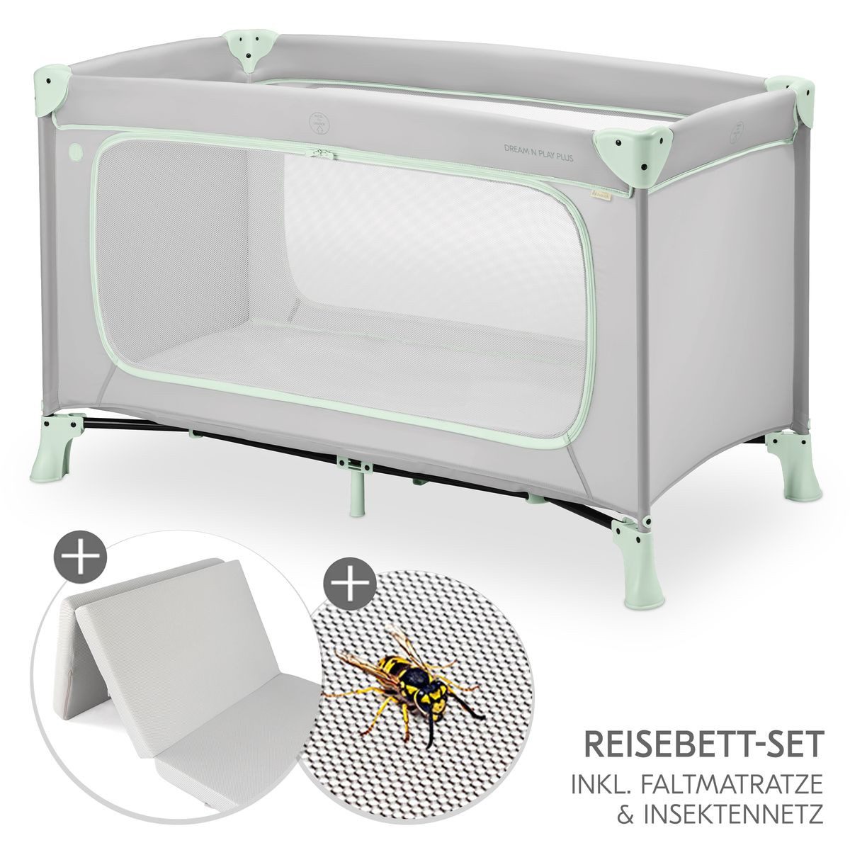 Hauck Dream N Play Plus - Dusty Mint, Kinder Babyreisebett mit großem Eingang, Matratze, Moskitonetz faltbar