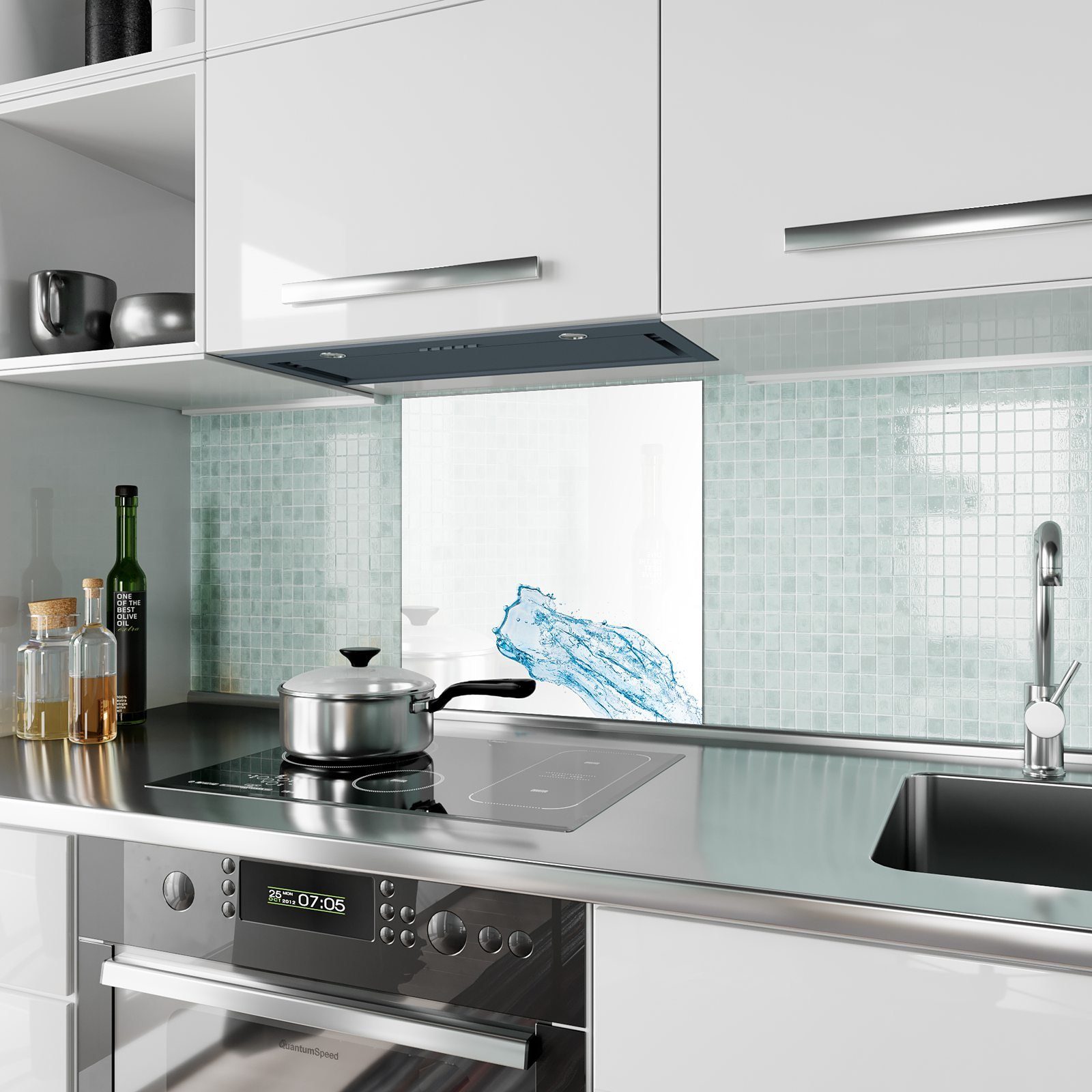 Primedeco Küchenrückwand Blaue Spritzschutz Glas mit Wassersplash Küchenrückwand Motiv