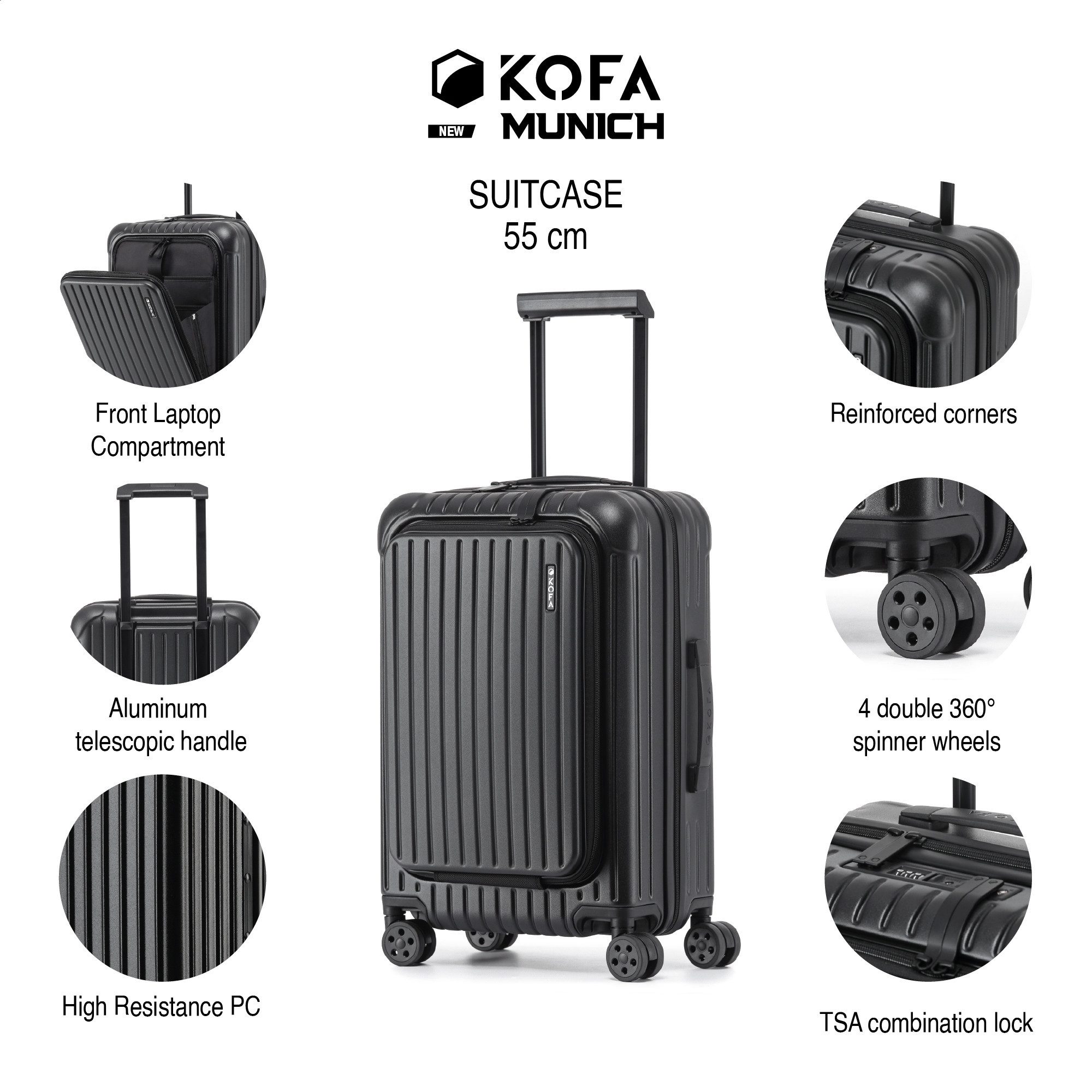 KOFA Handgepäckkoffer MUNICH, 55cm Laptopfach 100% Polycarbonat-Hartschale, 4 Rollen, TSA Schloss