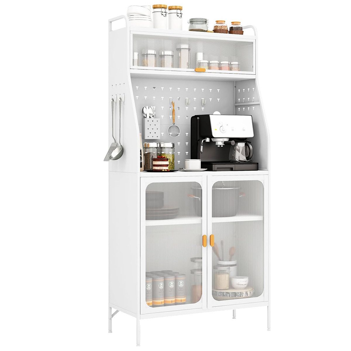 COSTWAY Küchenbuffet Schrank mit Steckbrett, Haken & verstellbarem Regal Weiß