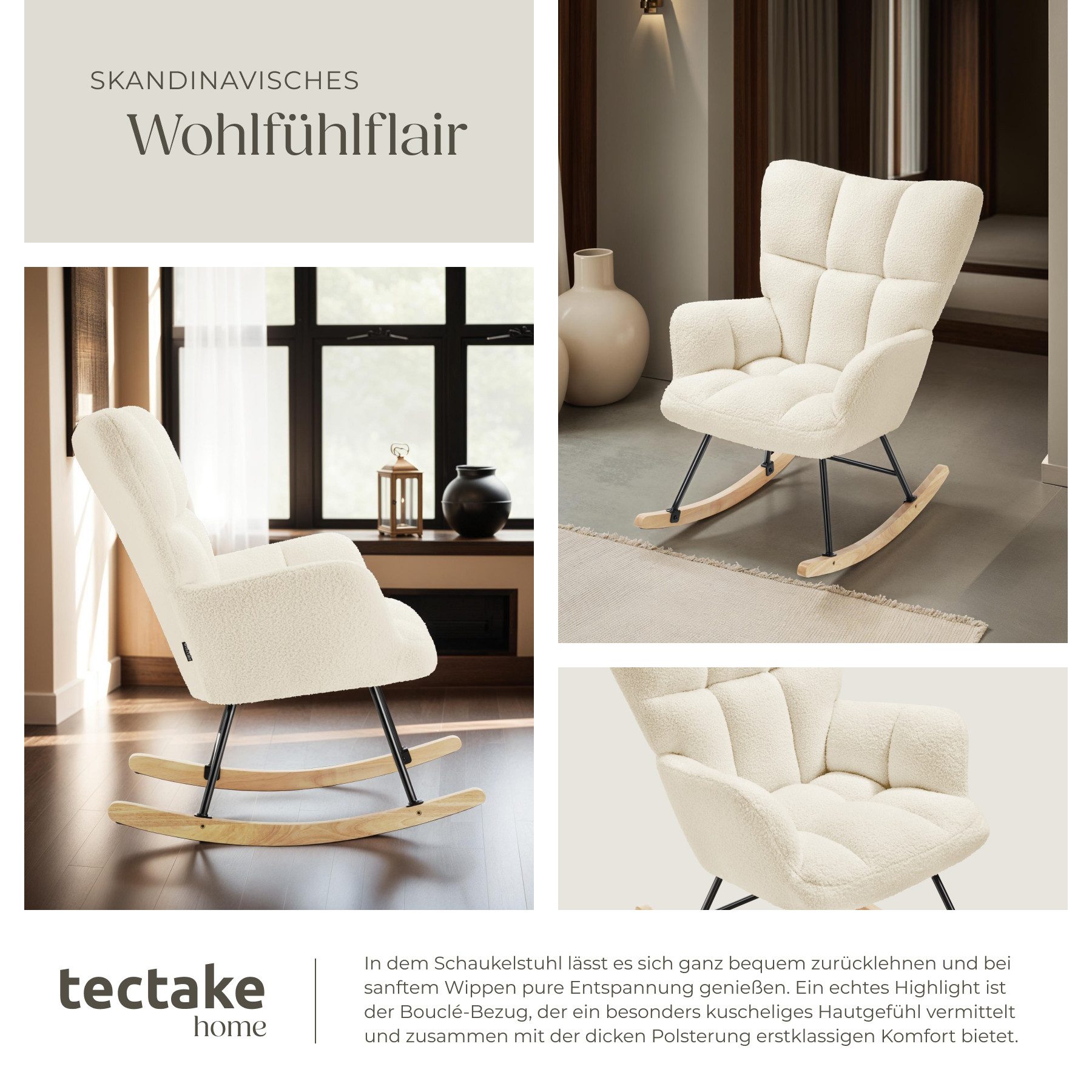 tectake Schaukelstuhl gepolsterter Sessel mit Bouclé-Bezug, 68 x 96 x 97 cm (Wippstuhl Torve, 1 St), Kuscheliger Bouclé-Bezug mit stilvollem Steppmuster – Bild 5 von 5