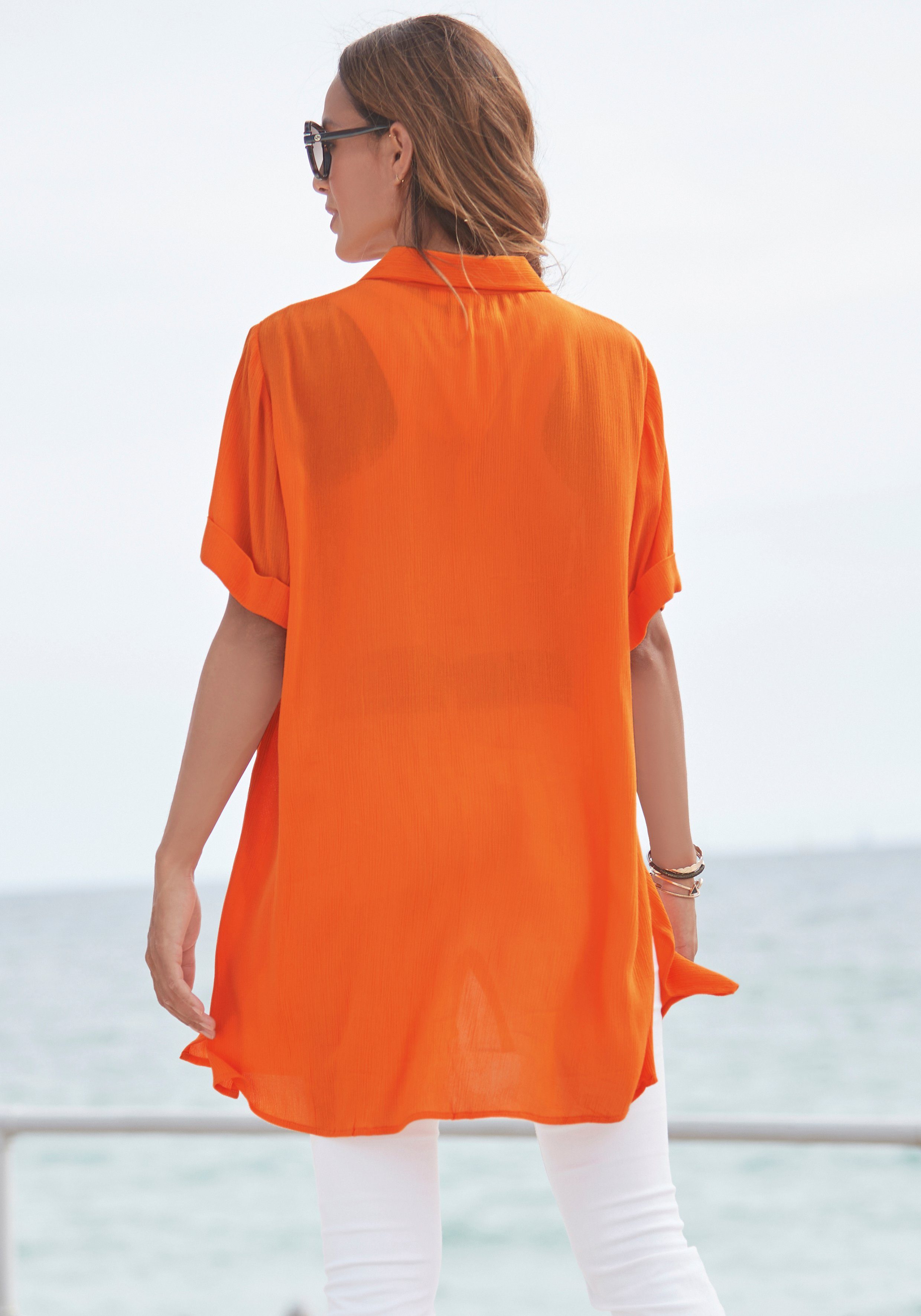 Blusenkleid, orange Longbluse sommerlich mit Knopfleiste, LASCANA Kurzarmbluse,