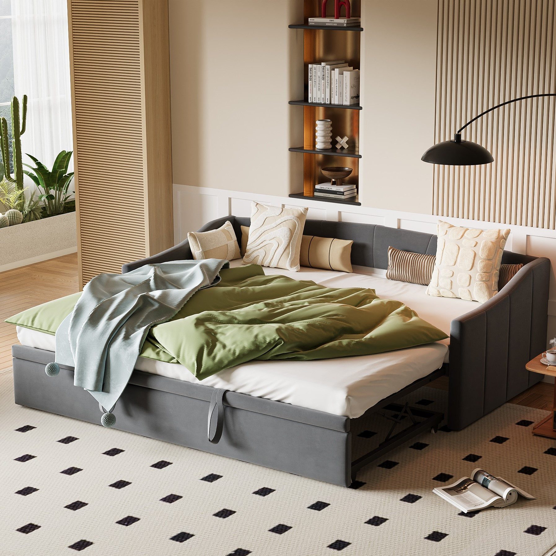 Furnishings Home Polsterbett Daybett Tagesbett Ausziehbett (1 tlg), Schlafsofa, Mit Unterbett, 90x200 cm/180x200 cm, Lattenrost, Samt