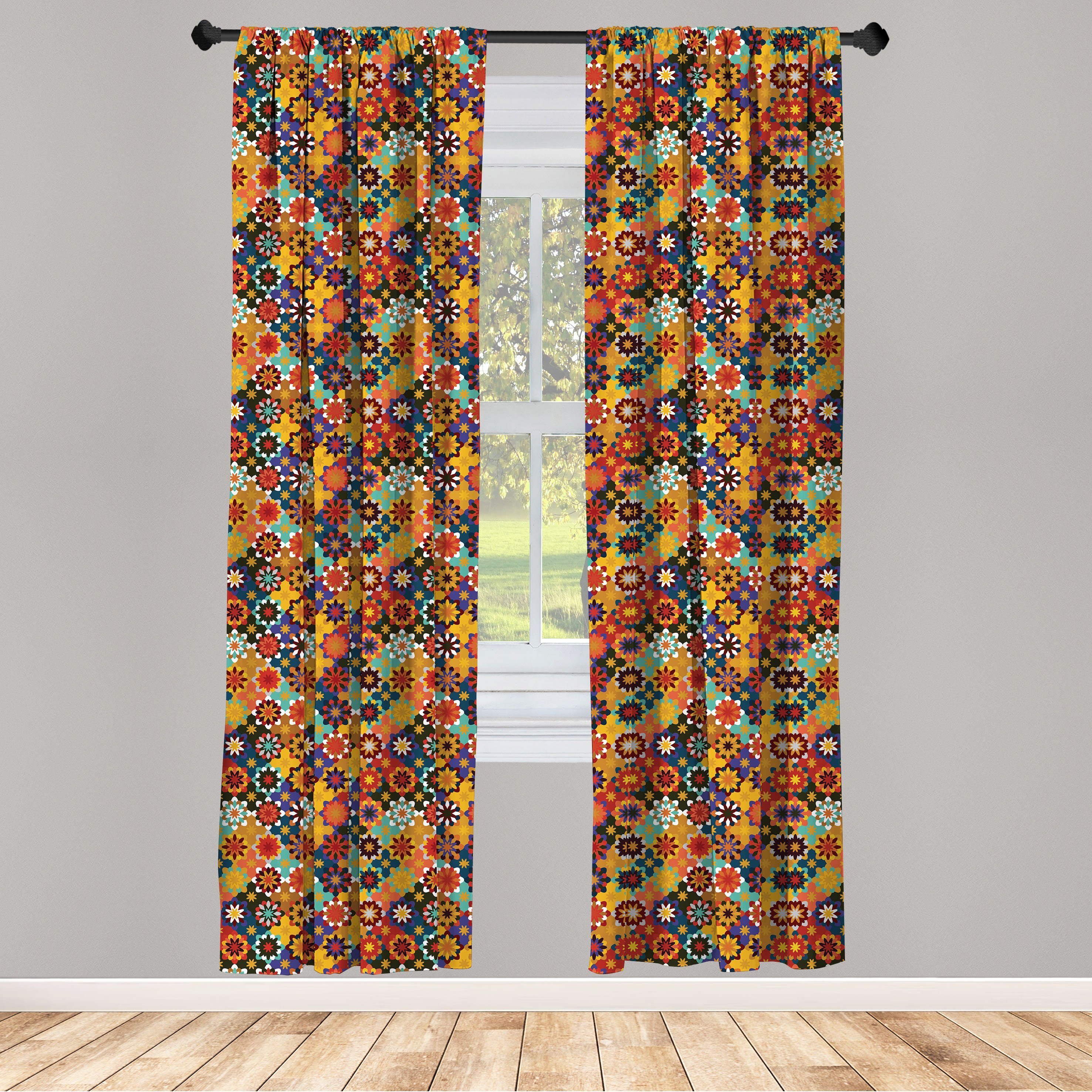 Gardine Vorhang für Wohnzimmer Schlafzimmer Dekor, Motiv Microfaser, traditionelles Folk Abakuhaus, Funky Mosaik