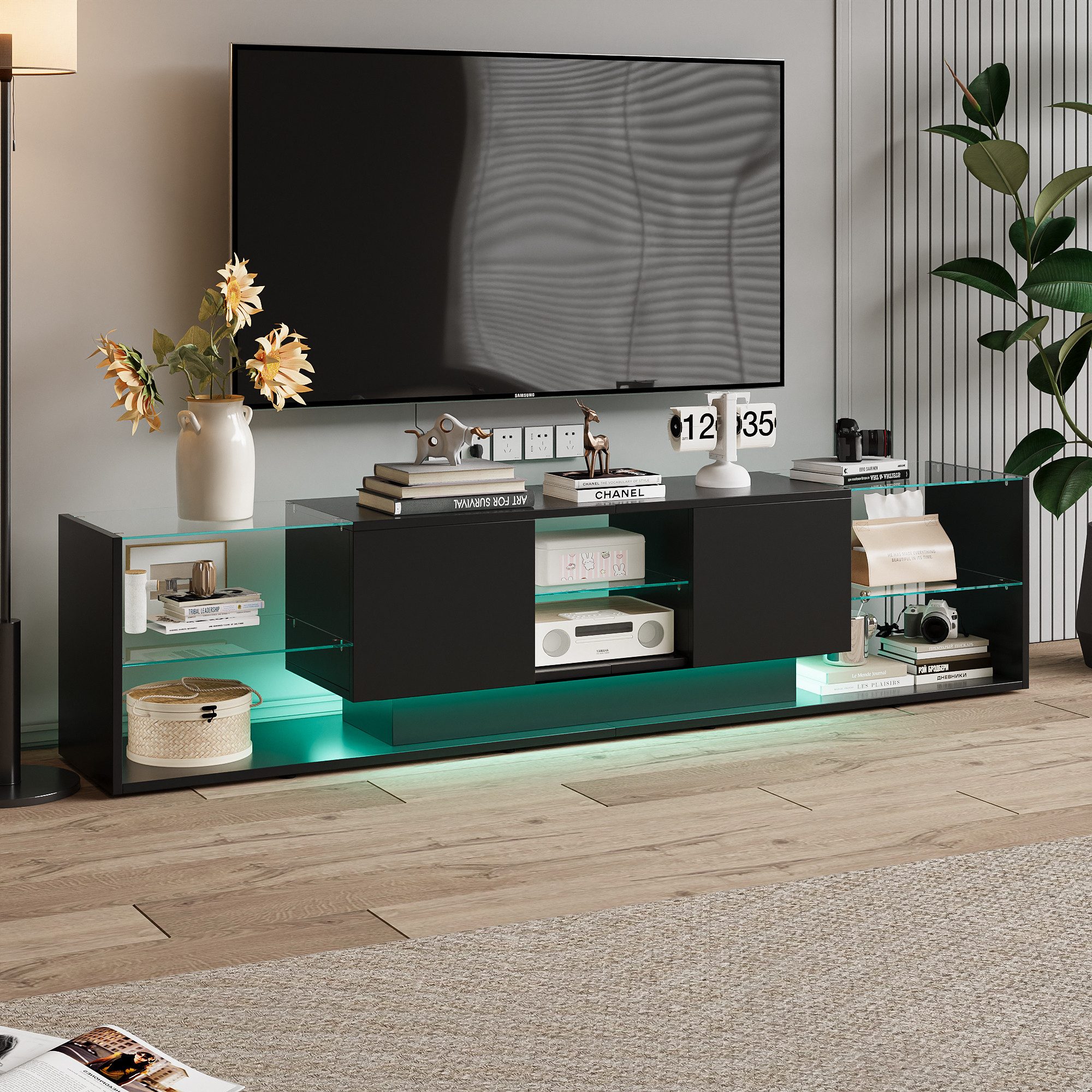 Furnishings Home TV-Schrank LED Lowboard TV-Board, Lange 200 cm (1-St., Hochglänzender quadratischer, 200 x 35 x 45 cm) Mit 2 Schubladen, Glastrennwand und 16-farbigen variablen LED-Leuchten