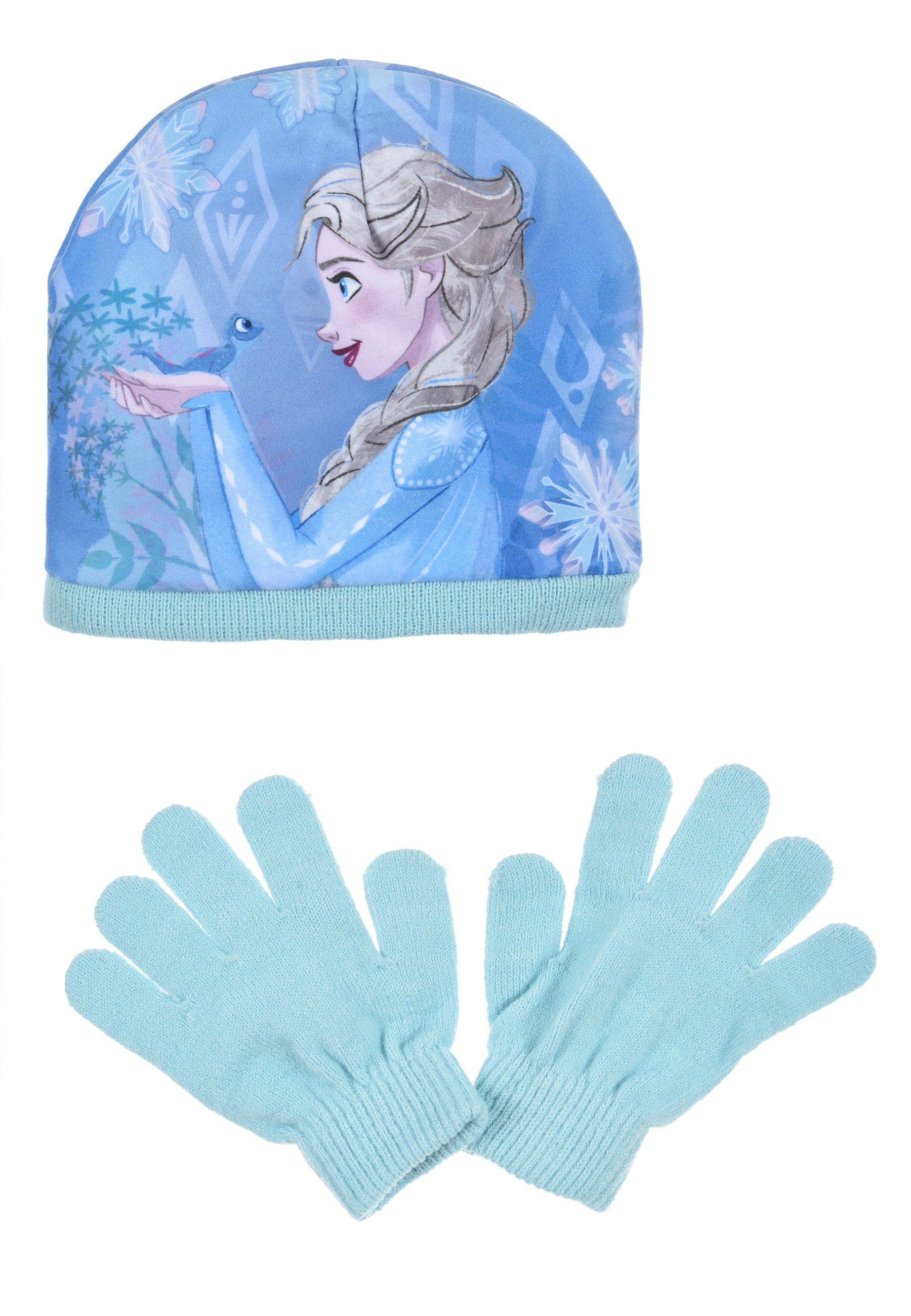 & Mädchen Blau Winter-Set (SET) Beanie Kinder Mütze 2 tlg. Handschuhe Frozen Disney