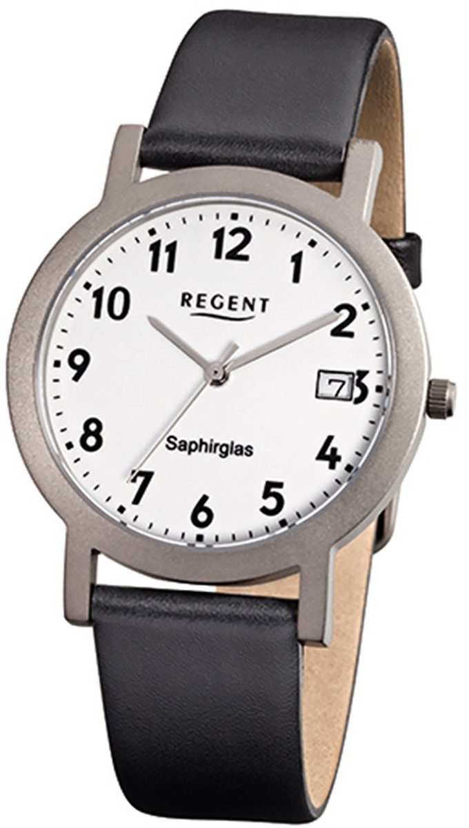 Herren-Armbanduhr schwarz rund, Regent Regent 37mm), mittel Lederarmband Herren (ca. Quarzuhr Analog, Armbanduhr