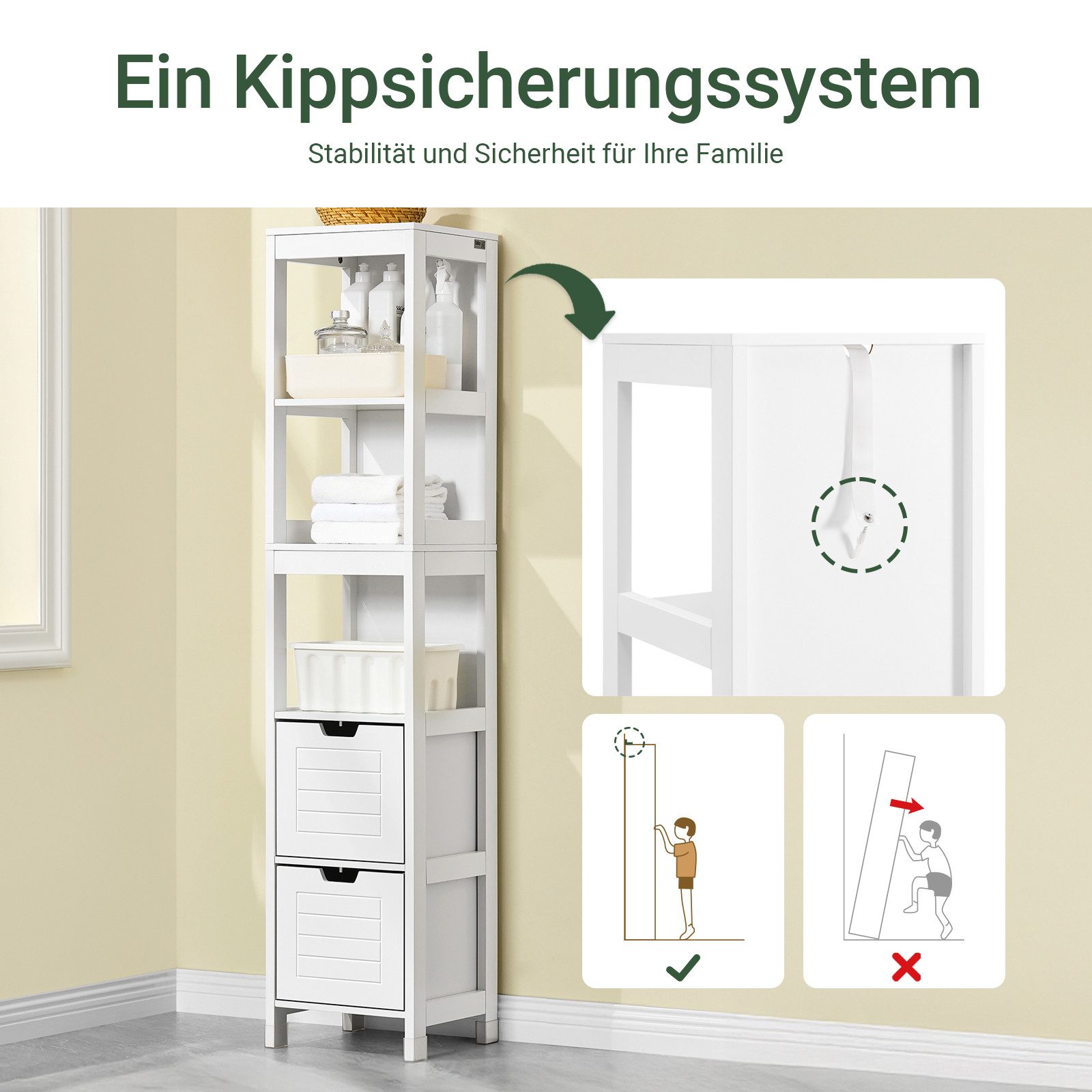 SoBuy Hochschrank FRG126, Badkommode, Schrank freistehend, Badschrank schmal schmale Säule, Badezimmerschrank mit 2 Schubladen, 3 offenen Fächern – Bild 5 von 5