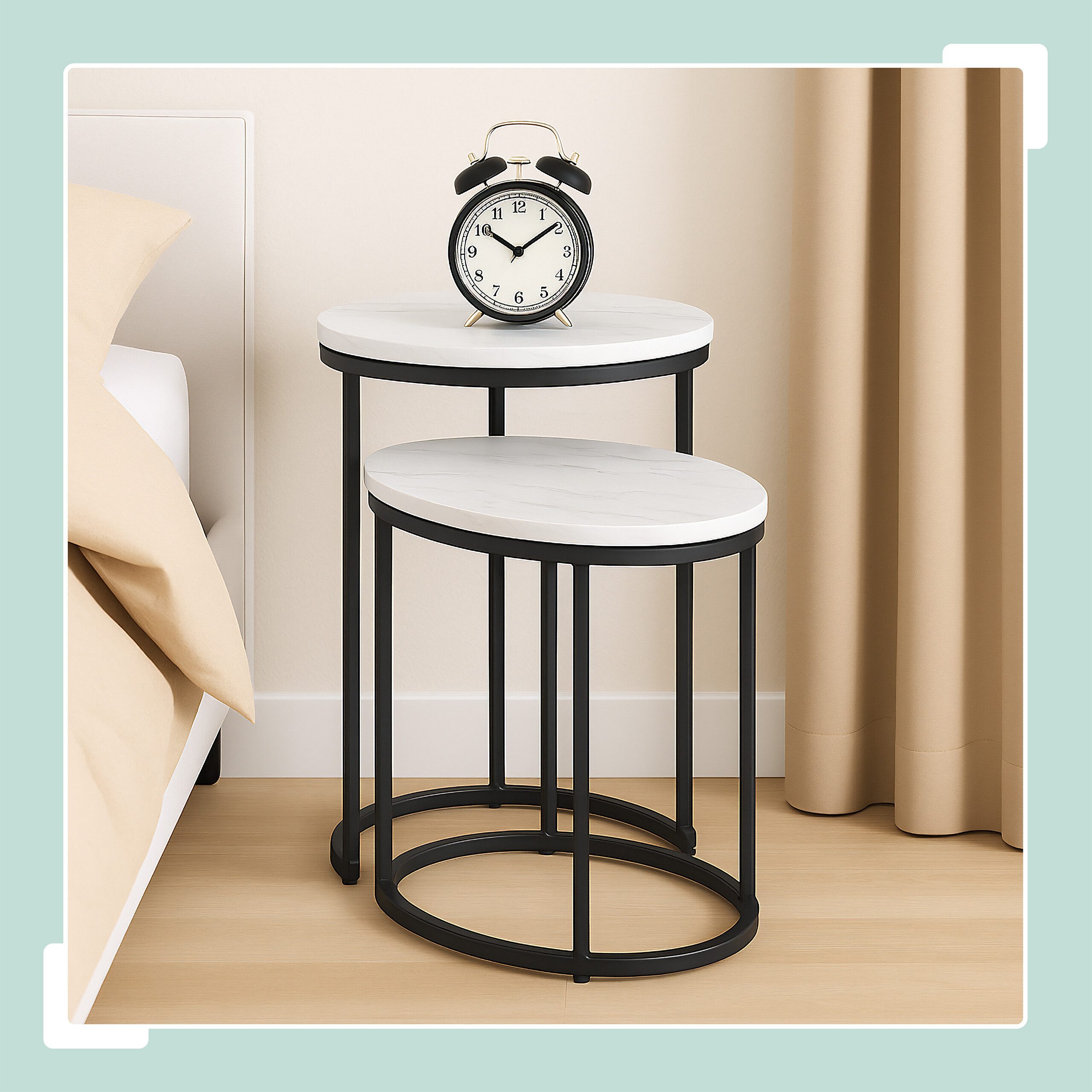 relaxdays Satztisch 2er Set Marmoroptik & Metall (2-St), Weiß-Schwarz