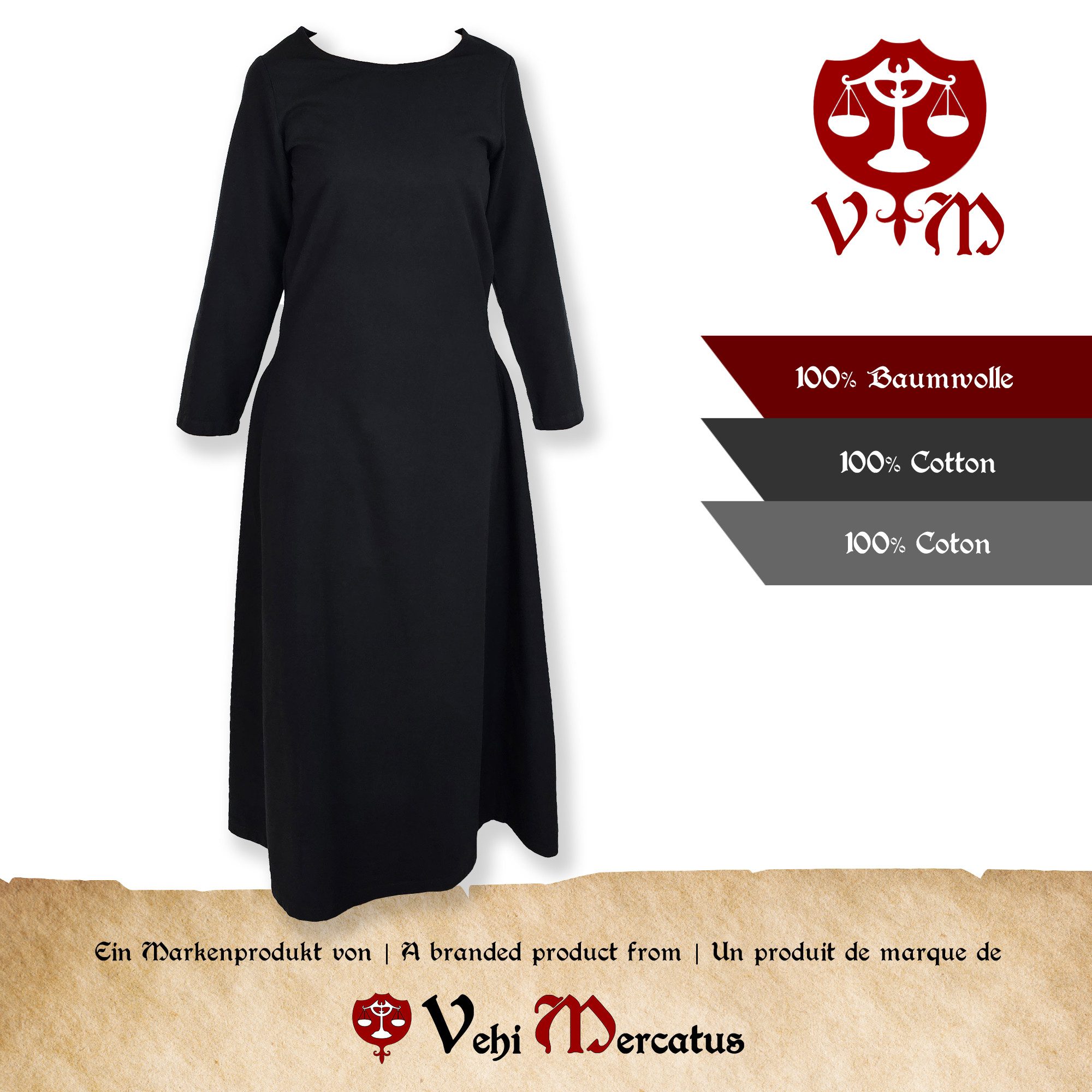 Vehi Mercatus Burgfräulein-Kostüm Klassisches Mittelalter Kleid oder Unterkleid schwarz "Amalie"
