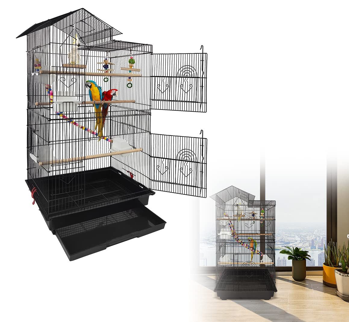 FIVMEN Vogelkäfig Papageienkäfig Vogelvoliere Vogelhaus Käfig mit Spielzeug, Rollen, Schwarz Kanarienvögelkäfig 46x35,5x99cm