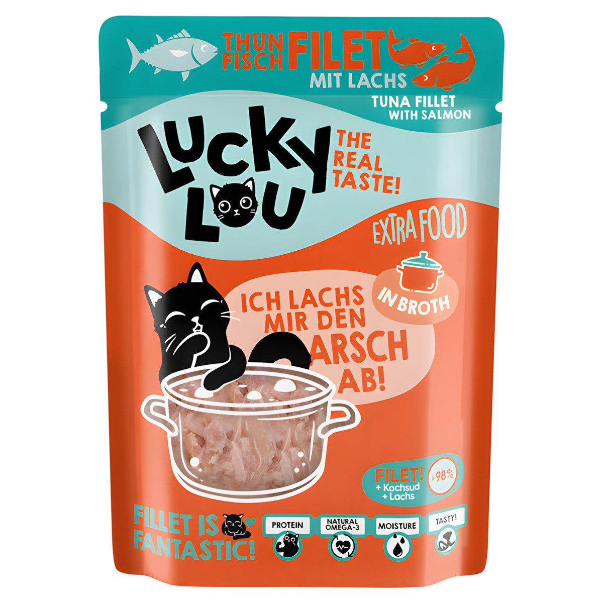 Lucky Lou Extra Food Thunfisch + Lachs in Sud 70 g, Nassfutter für: Katze