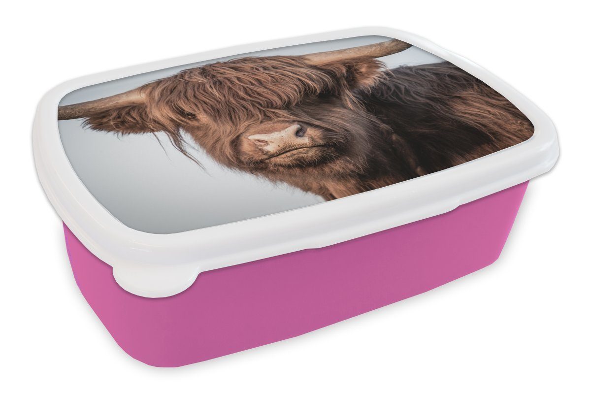 MuchoWow Lunchbox Schottischer Highlander - Tiere - Braun, Kunststoff, (2-tlg), Brotbox für Erwachsene, Brotdose Kinder, Snackbox, Mädchen, Kunststoff rosa