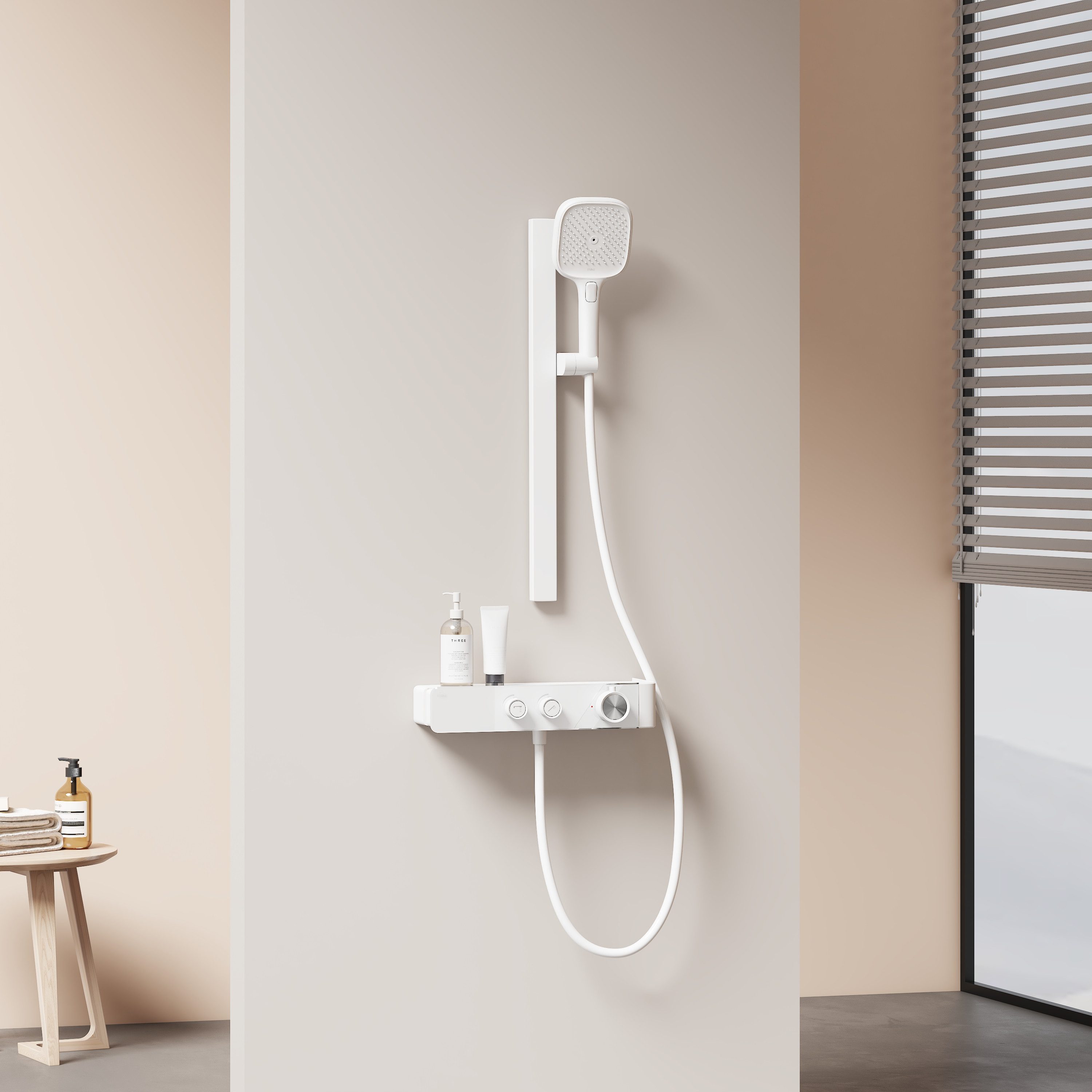 EMKE Duschsystem mit Thermostat – Handbrause mit integrierter Glasablage, Höhe 60 cm, 3 Strahlart(en), Brausegarnitur Duschsystem Duschsäule Duschset mit 150cm Schlauch