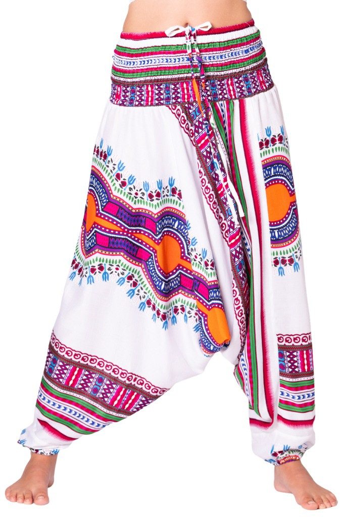 PANASIAM Pumphose Unisex Aladinhose mit afrikanischem Muster aus natürlicher Viskose Bunte Sommerhose für Yoga, Strand, Reisen weite Haremshose für Alltag