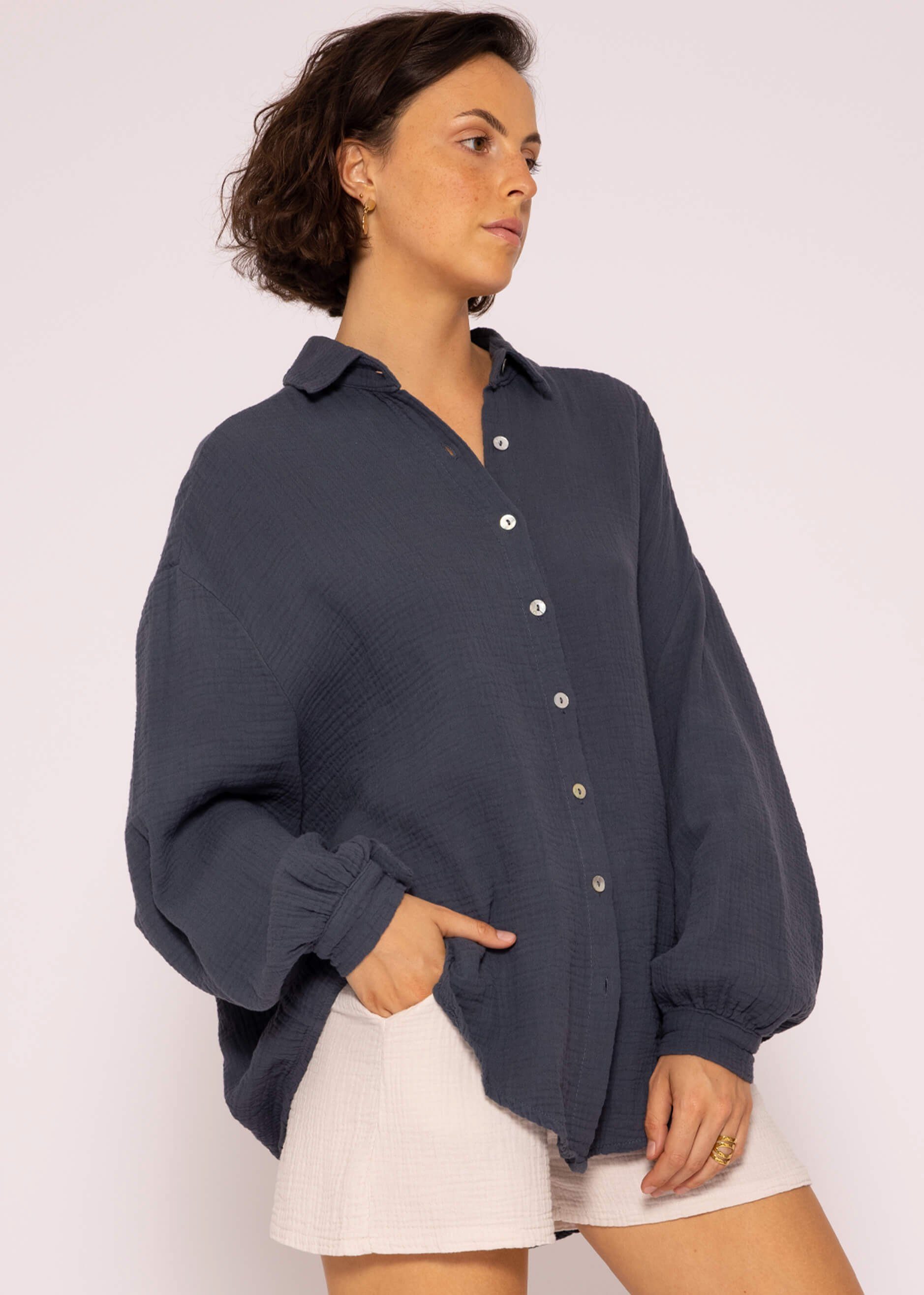 Bluse Langarm Size mit Damen One V-Ausschnitt, SASSYCLASSY aus lang Hemdbluse Musselin (Gr. Baumwolle 36-48) Oversize Longbluse Dunkelgrau