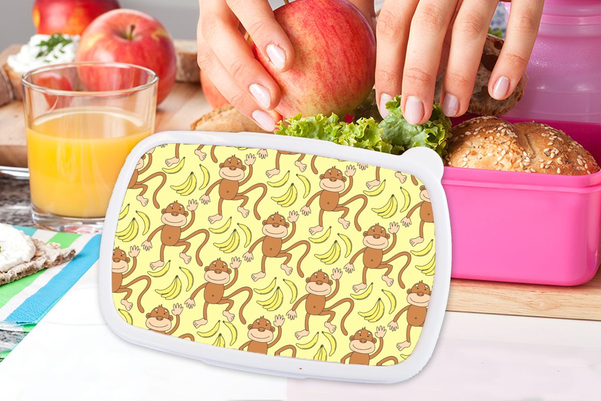 MuchoWow Lunchbox Muster - Affe für Kunststoff rosa Snackbox, Brotdose (2-tlg), Banane, Erwachsene, Kunststoff, Kinder, Mädchen, Brotbox 