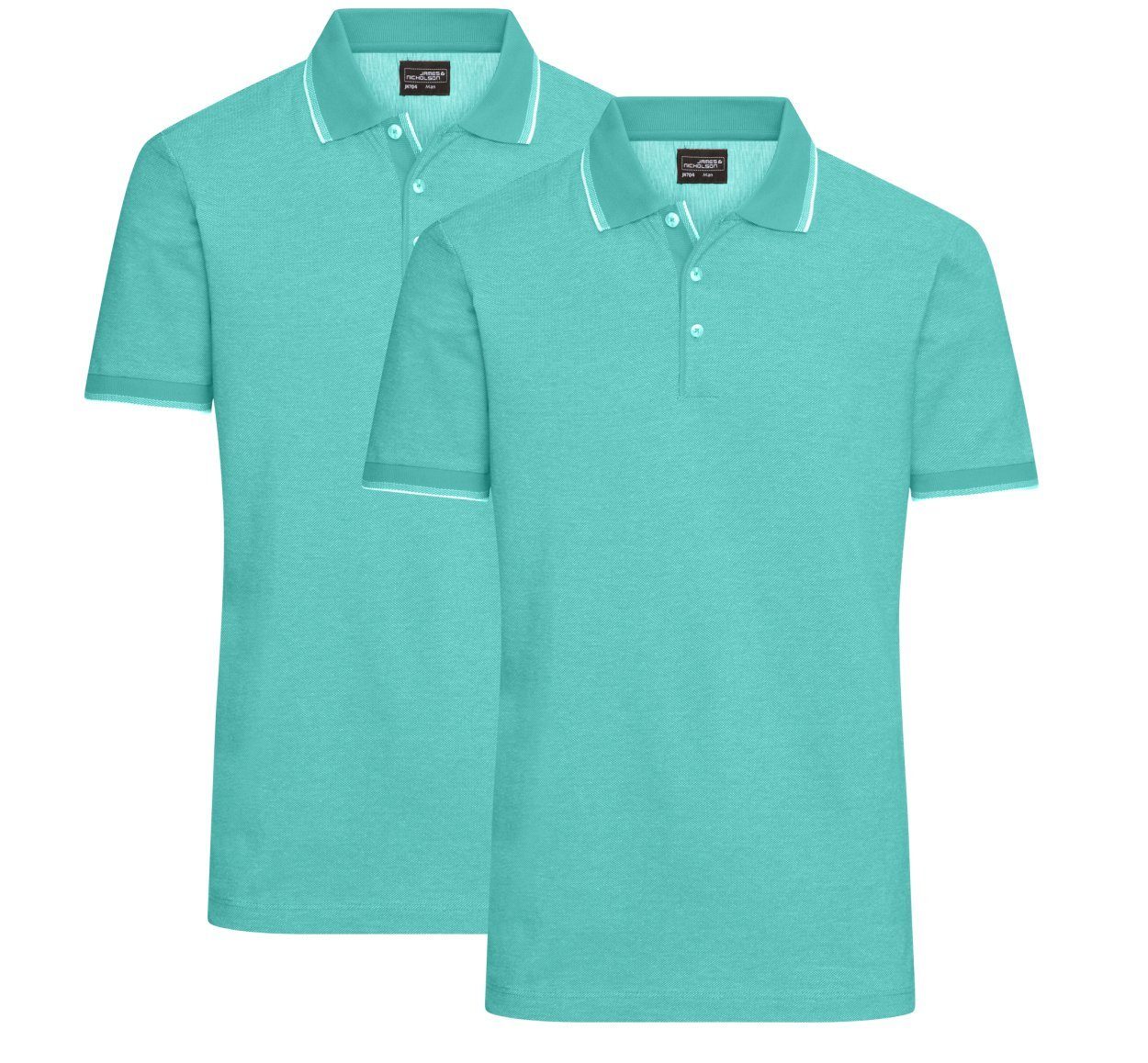 James & Nicholson Poloshirt Doppelpack Herren Poloshirt Baumwoll Pique in bicolor Optik JN704 (2er-Pack) mit Kontraststreifen caribbean-green/white