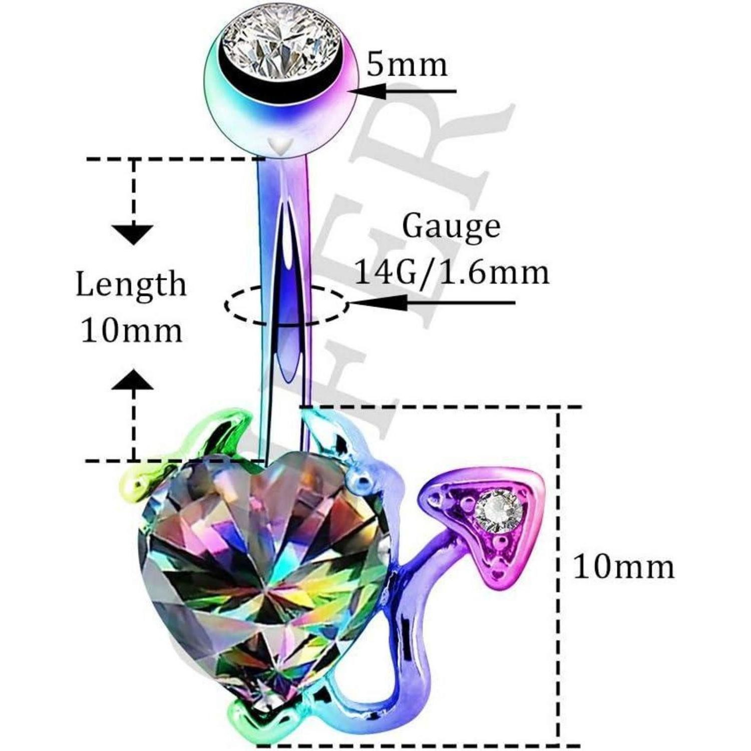 OUFER Bauchnabelpiercing 14G Edelstahl Navel Rings Devil Heart Belly Button Iridescent CZ