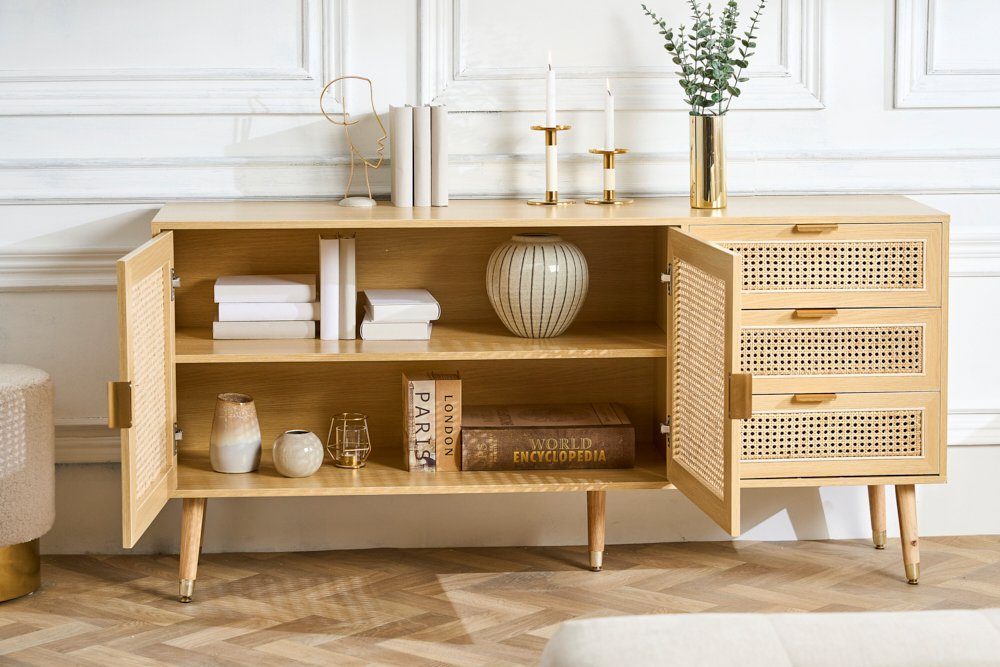 riess-ambiente Sideboard VIENNA 154cm natur - Rattan, Wiener Geflecht, Drei Schubladen, Retro (Einzelartikel, 1 St), Charmante Kommode im Boho-Stil - ideal für Wohn- und Schlafzimmer