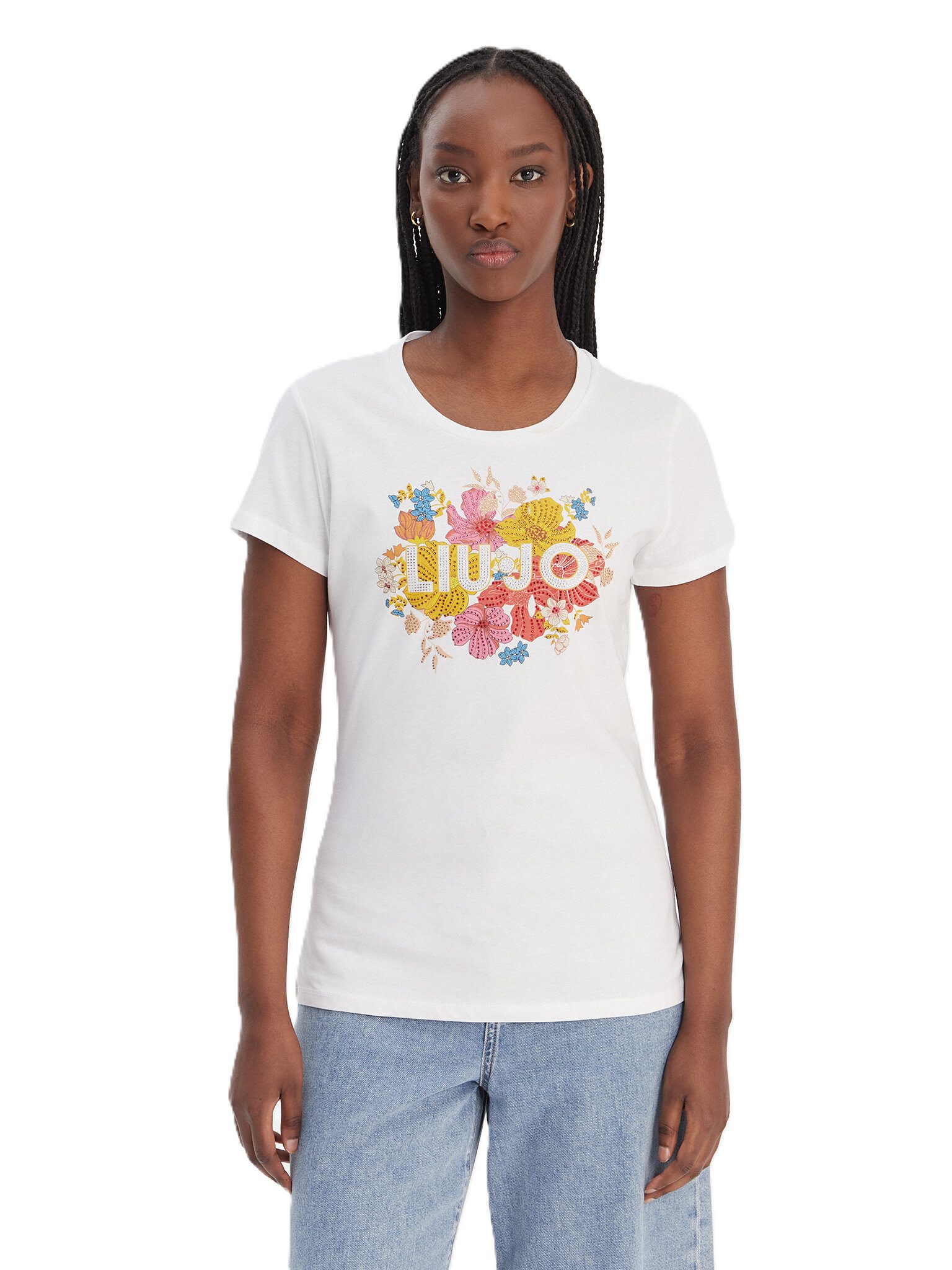 Liu Jo Kurzarmshirt - Damen T-Shirt Baumwolle - Shirt mit Blumenprint & Logo - Kurzarmshir