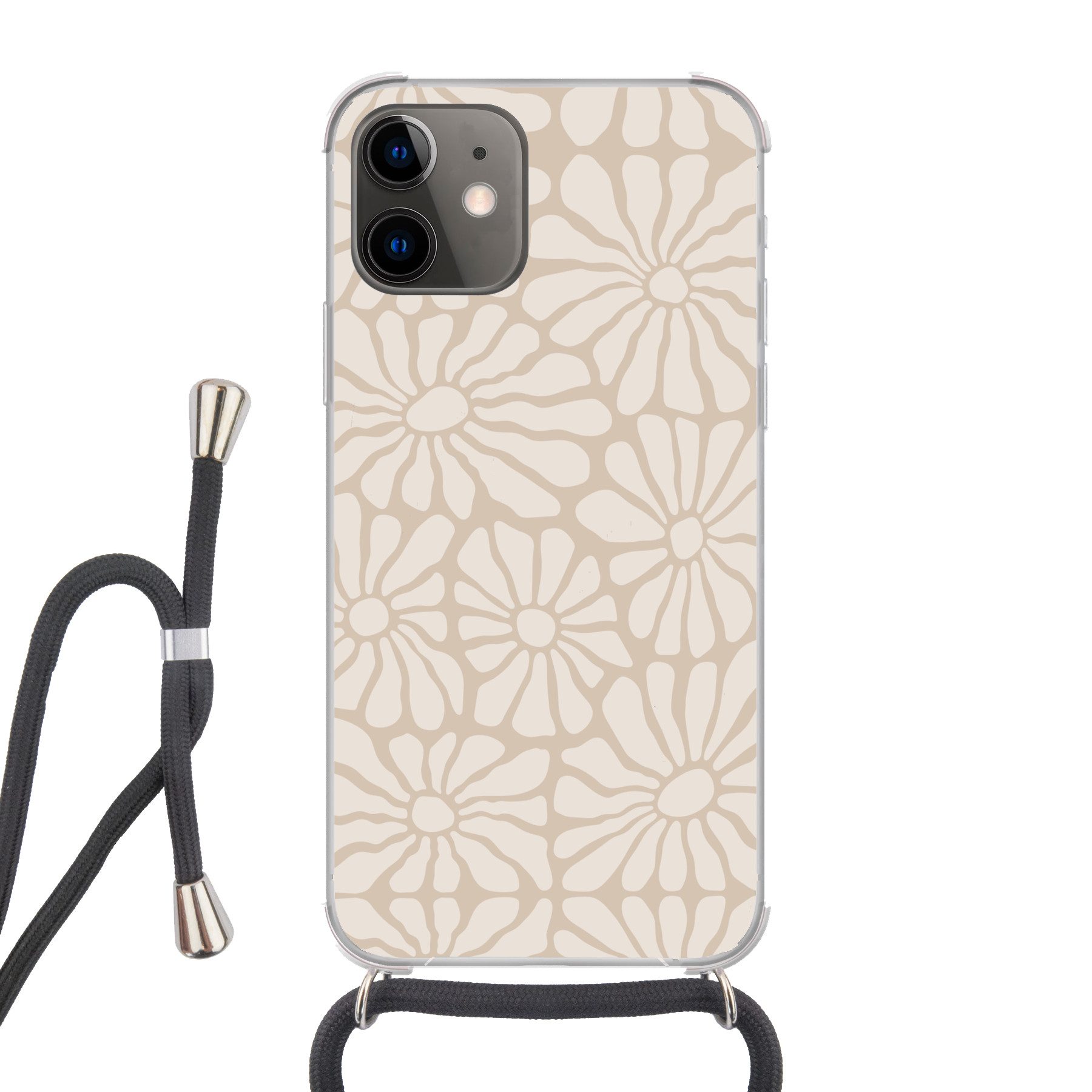 MuchoWow Handyhülle für Apple iPhone 11 Floral - Druck - Beige - Braun - Minimalistisch, Tragbare Handyhüllen mit Kette zum umhängen, Handykette Handyband