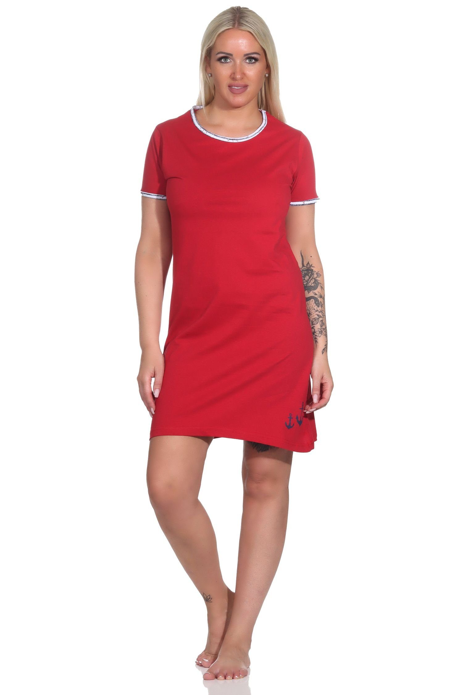 Normann Nachthemd Maritimes Damen Nachthemd, kurzärmliges Bigshirt mit Rundhals rot