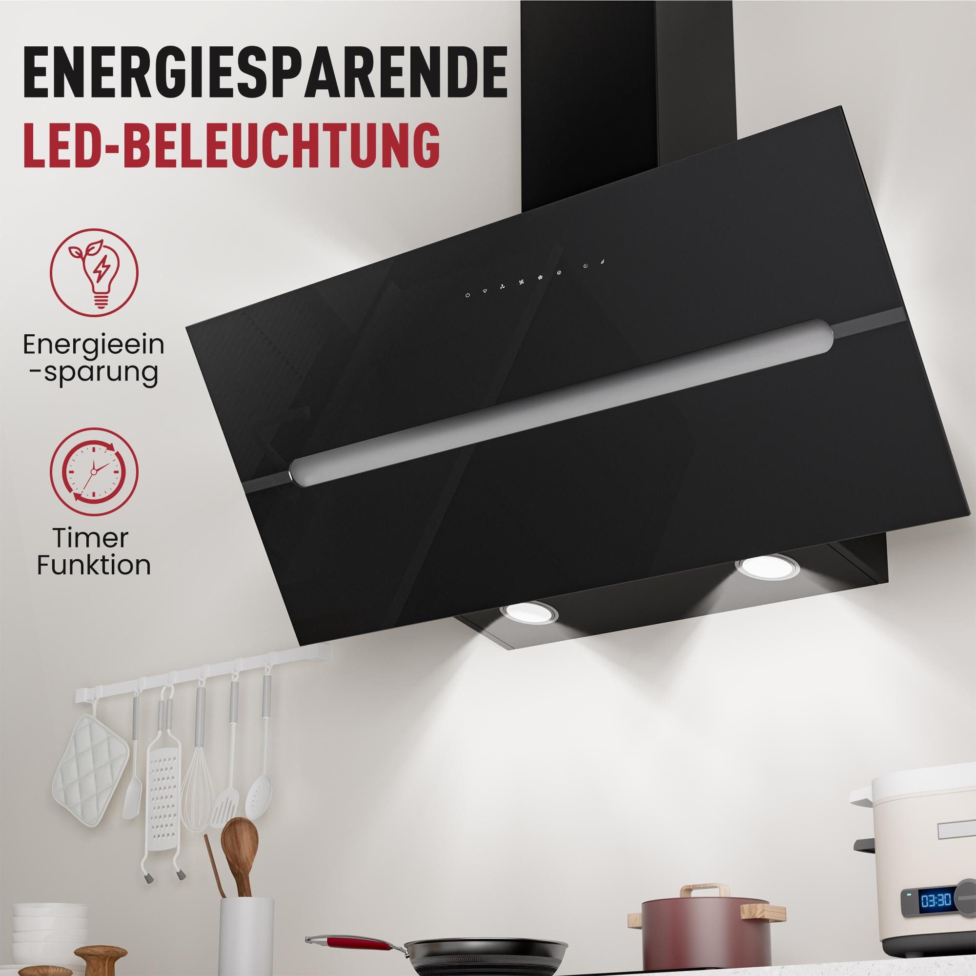 Levivo Kopffreihaube A+++ Dunstabzugshaube 60cm und 90cm Umluft & Abluft mit 720 m³/h A+++ Dunstabzugshaube 60cm und 90cm Umluft & Abluft mit 720 m³/h, Aktivkohlefiltern, Fettfiltern, LED-Beleuchtung