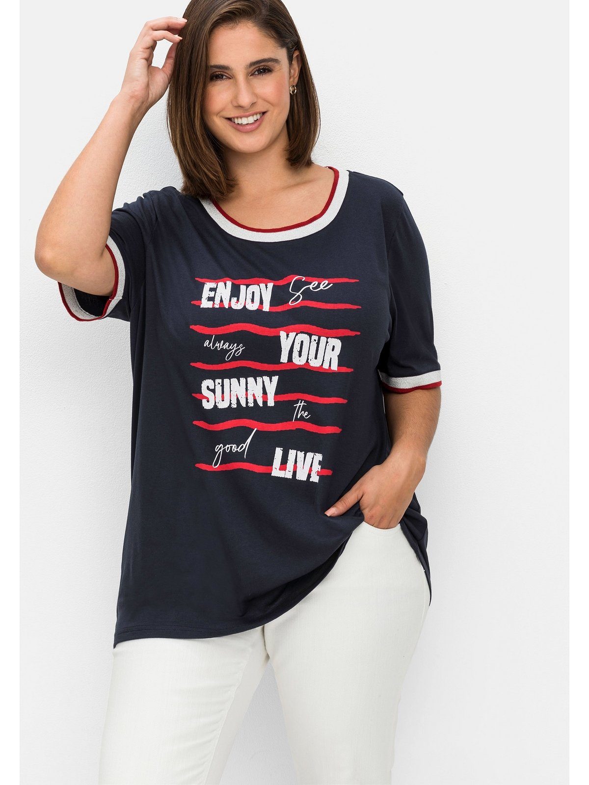 Größen Sheego Wordingprint Große T-Shirt mit und Kontrastbündchen
