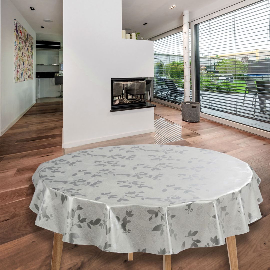 laro Tischdecke Wachstuch-Tischdecken Abwaschbar Geprägt Blätter Silber Rund 140cm – Bild 2 von 5