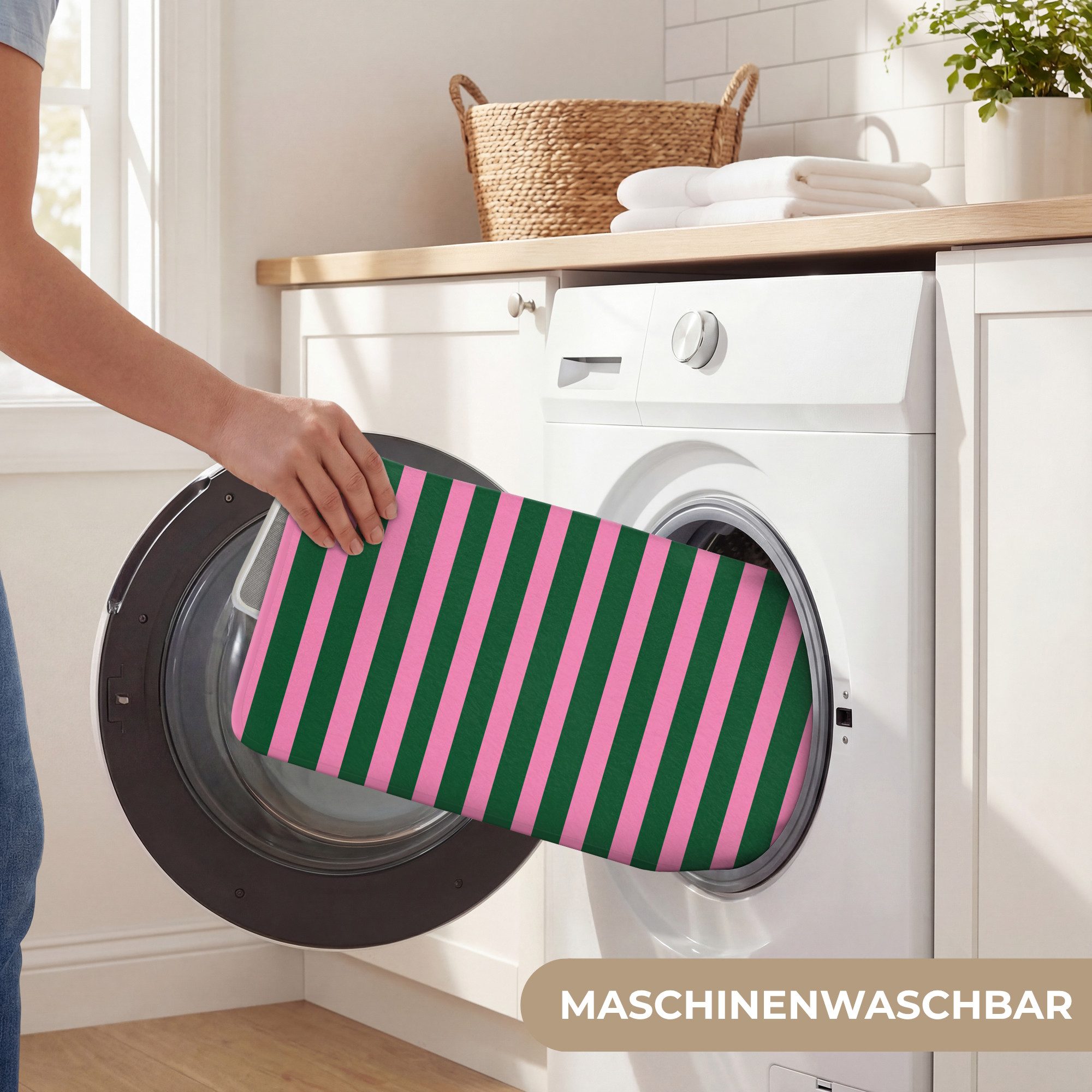 OnlyWow Badematte Vertikale Streifen - Grün - Rosa, Höhe 10 mm, Polyester, Rechteckig, Badezimmerteppich, Badteppich, Rutschfest, Badvorleger, Waschbar – Bild 5 von 5