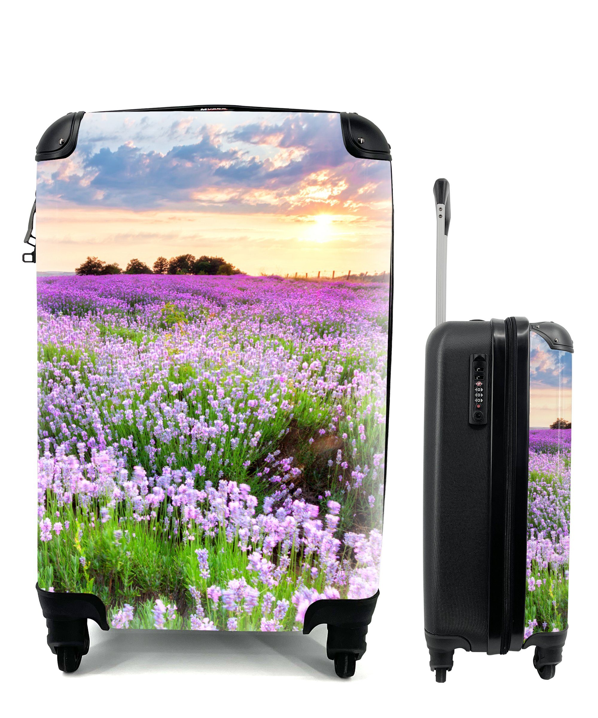 Sonnenuntergang Handgepäckkoffer - Trolley, Himmel Lavendel rollen, Wiese 4 Reisekoffer für - Reisetasche - - Natur, MuchoWow Blumen - Lila Rollen, Handgepäck - Ferien, mit