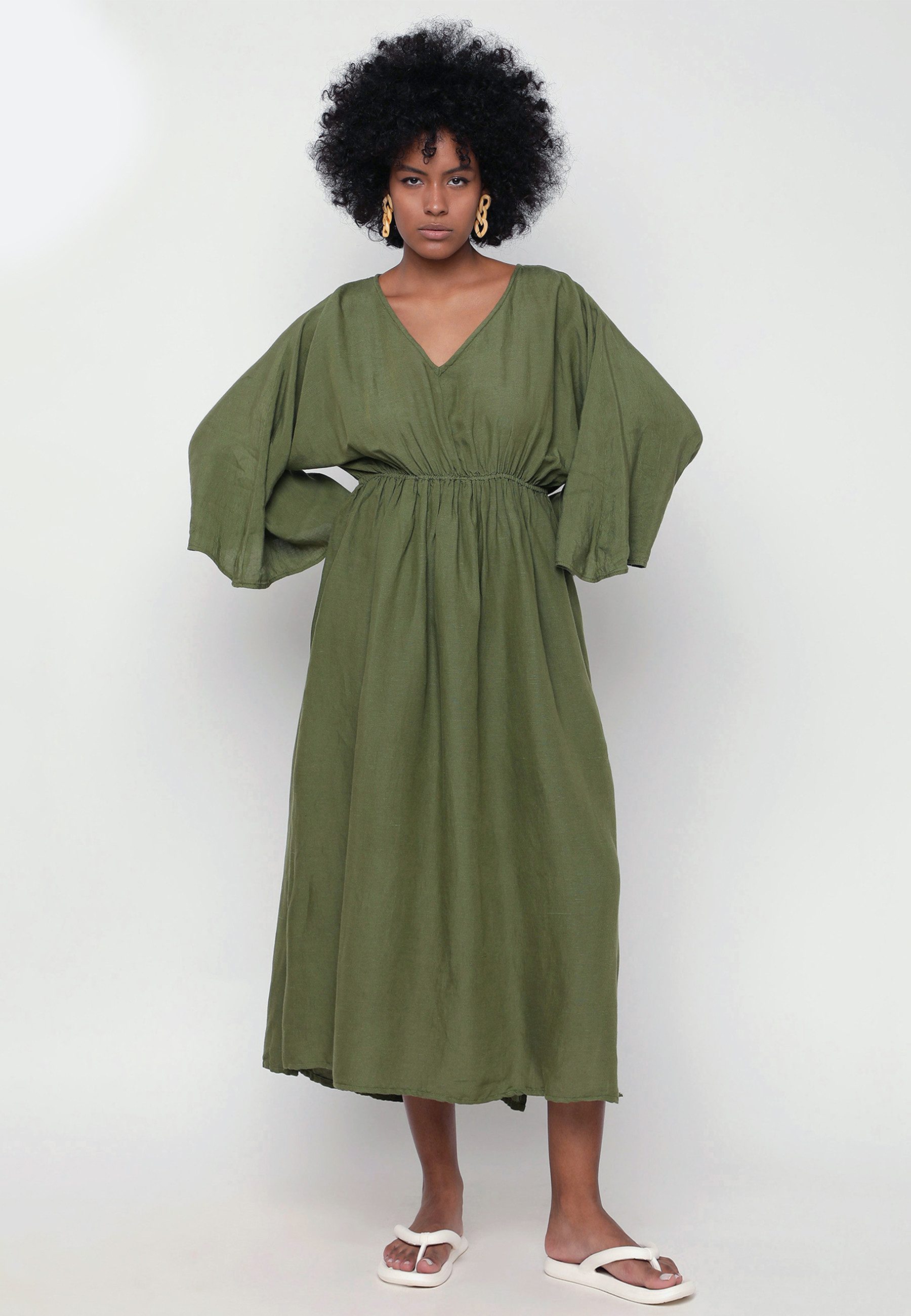 YC Fashion & Style Sommerkleid Damen Leinen mit V-Ausschnitt und Kimono-Ärmeln in Unifarbe