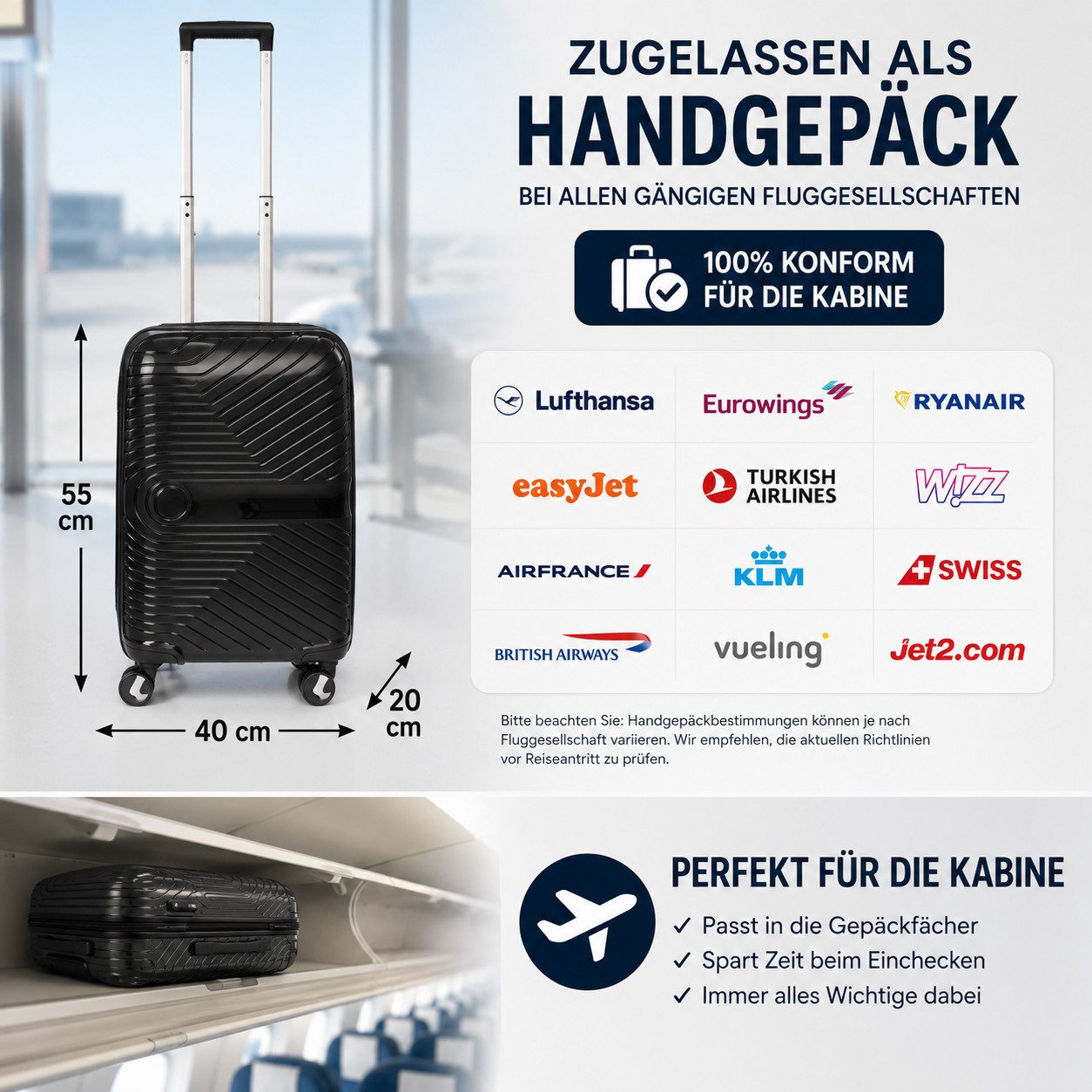 Weissmantel Handgepäckkoffer Handgepäck Koffer 55x40x20 - Handgepäckkoffer Trolley mit Hartschale, Leichter Koffer Klein, Kabinengepäck Handgepäck Hartschale