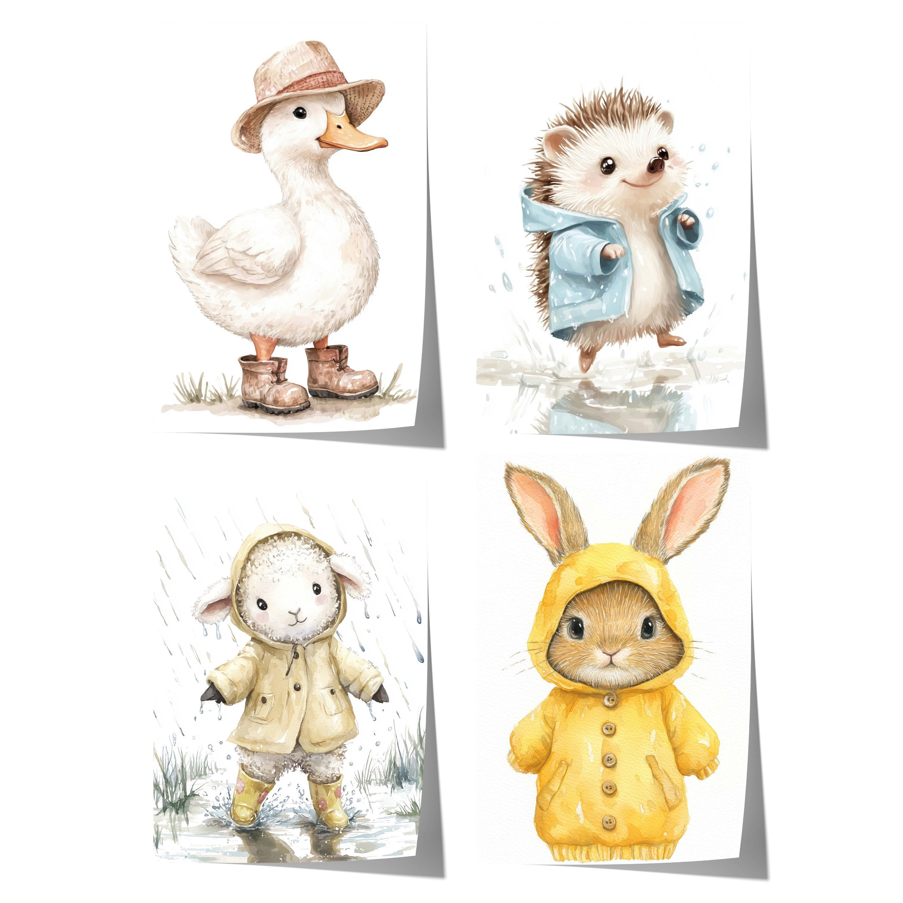 JUSTGOODMOOD Poster Süße Regenjacke Tier Geschenkidee Aquarell Waldtier llustration mit Re, B (1 St)