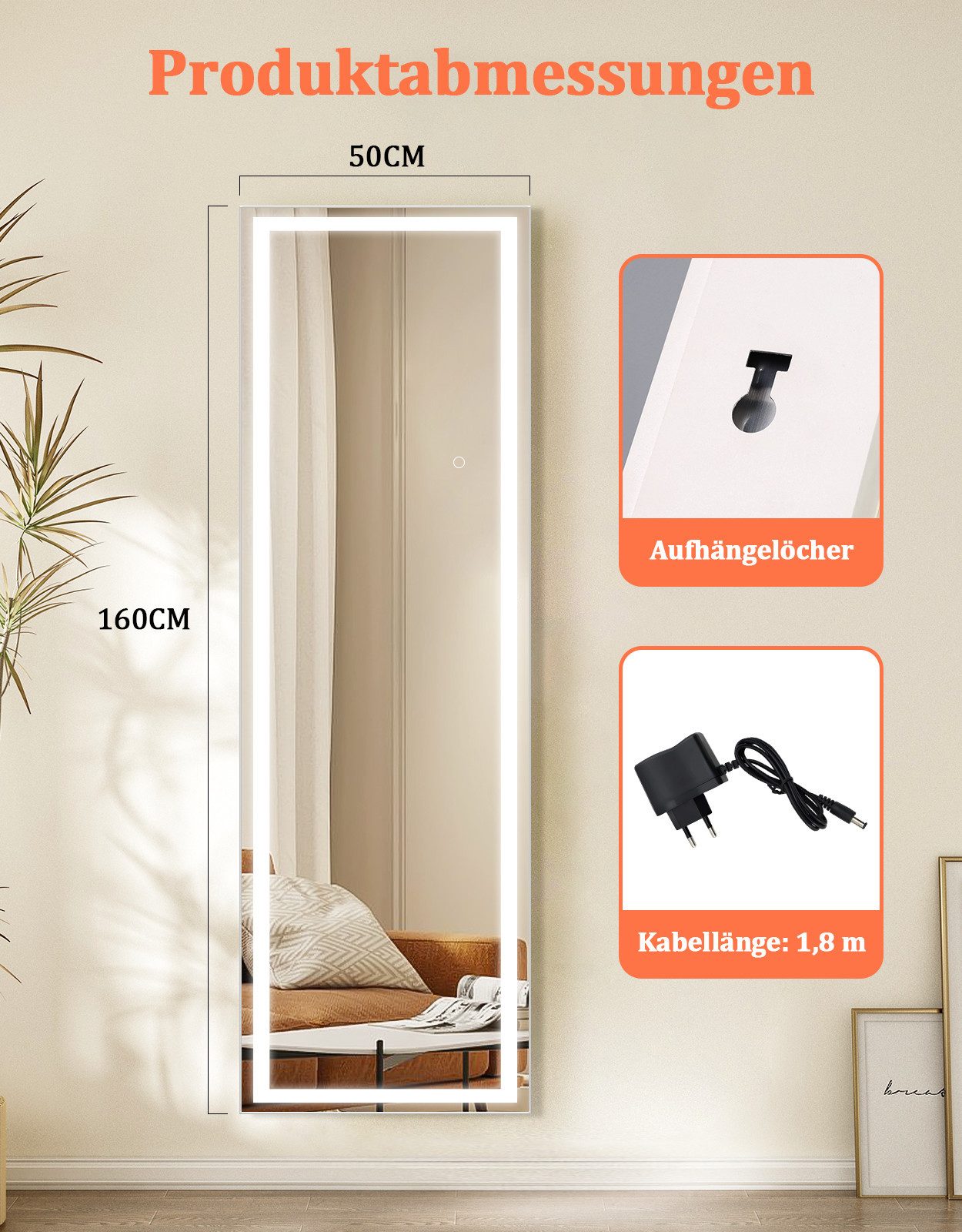 Nettlife Ganzkörperspiegel mit Beleuchtung 150/160cm Standspiegel Wandspiegel LED-Beleuchtung (1-St), Standspiegel Hartglas für Schlafzimmer Ankleide